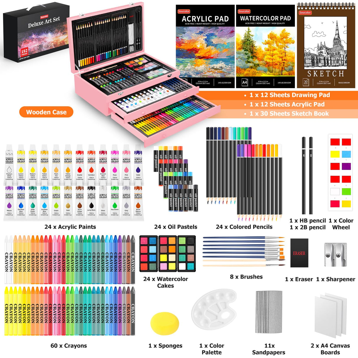 Christmas Gifts Birthday Gifts, Art Kits Art Sets, Aesthetic Cute Preppy Stuff Art Supplies, Soucolor 192-Pack Deluxe Drawing Stuff with Acrylic Pad, Watercolor Book and Sketch Book, Canvases, Brushes