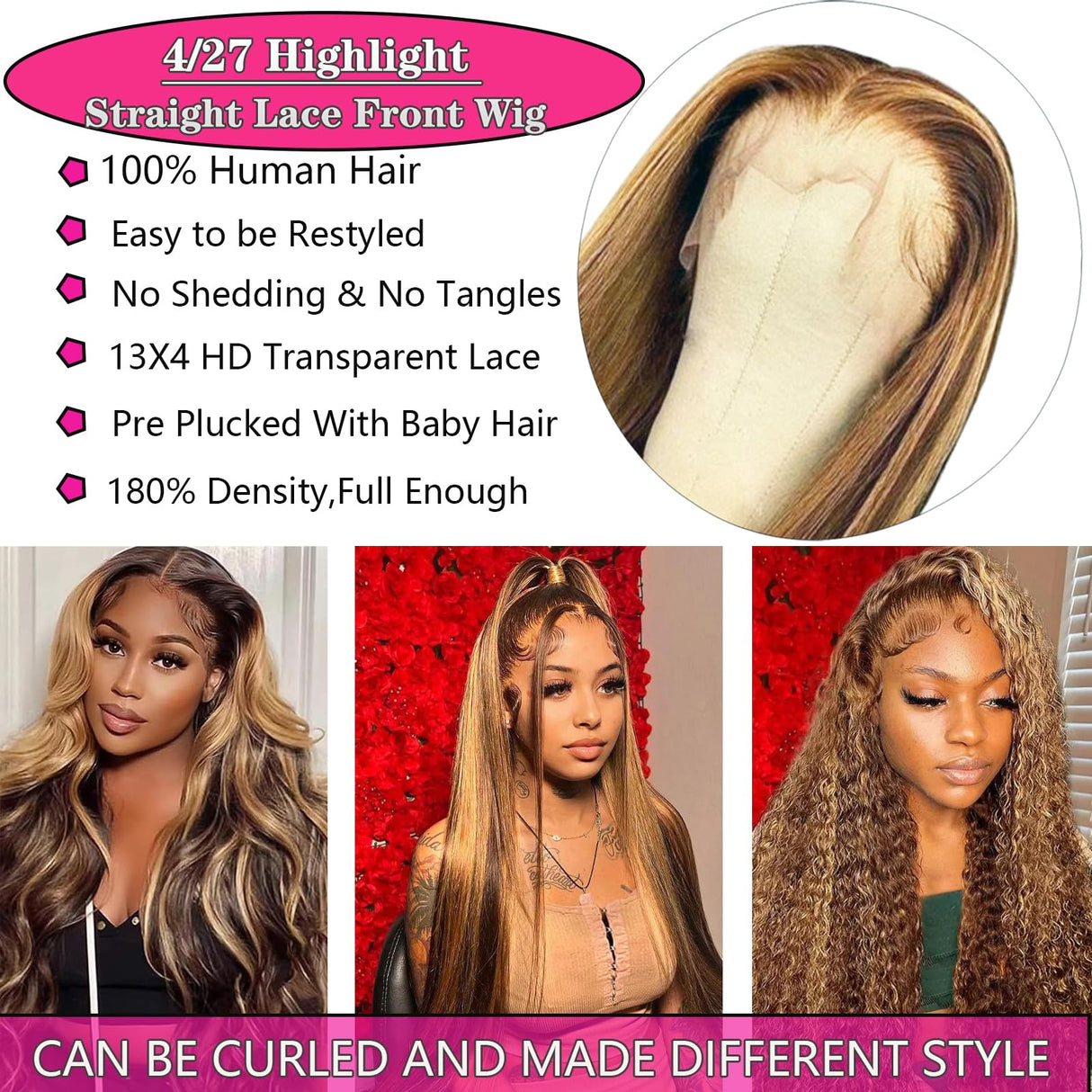 30 Inch 13x4 Highlight Ombre Straight Lace Front Wigs Human Hair Pre Plucked #4/27 Colored Glueless Wigs Honey Blonde Brazilian Lace Frontal Wigs Human Hair for black Women with Baby Hair
