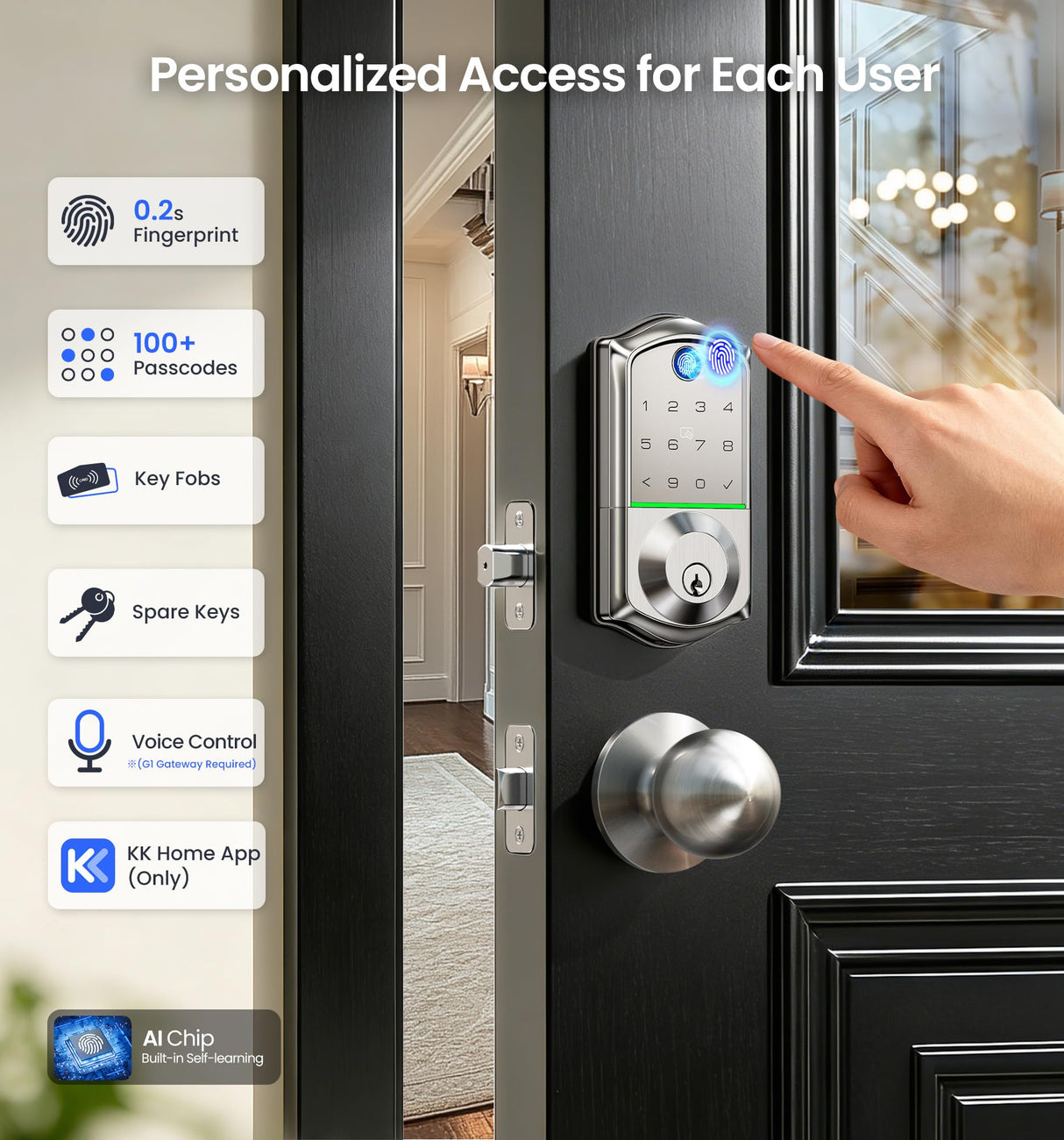Veise VE017 Fingerprint Smart Door Lock, App Control, 8-in-1 Keyless Entry, Auto Lock, Emergency Power Port, Electronic Touchscreen Keypad, Biometric Smart Locks for Front Door, Satin Nickel