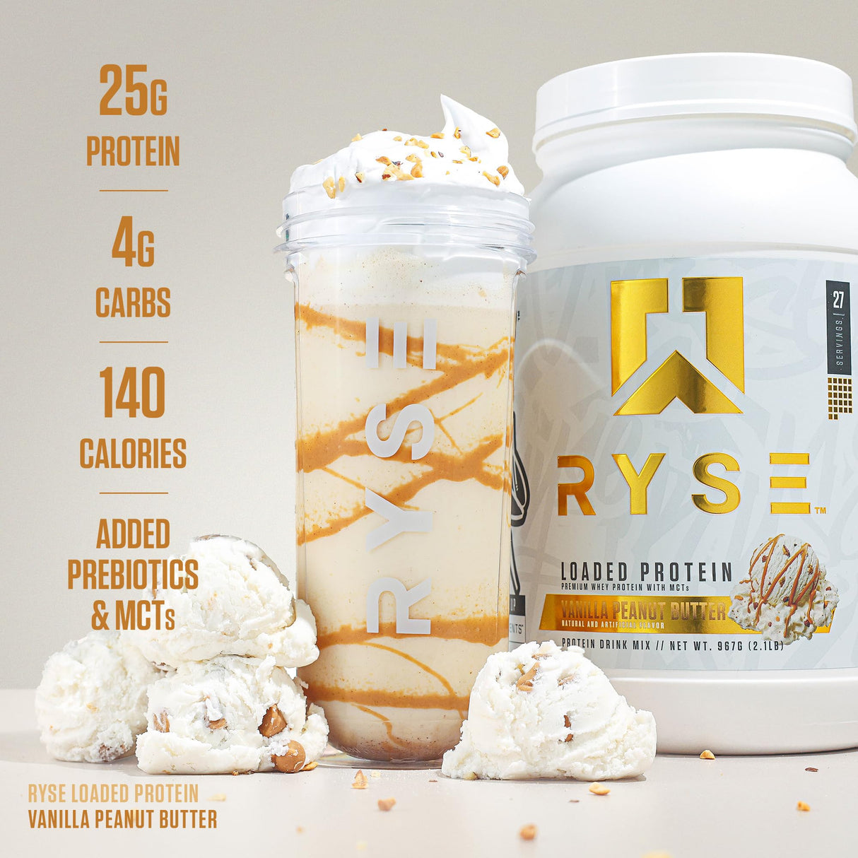 RYSE Loaded Protein Powder - Vanilla Peanut Butter - 25g Whey Protein Isolate & Concentrate with Prebiotic Fiber & MCTs - Low Carb, Low Sugar, Digestive-Friendly - 27 Servings / 2 lb Tub