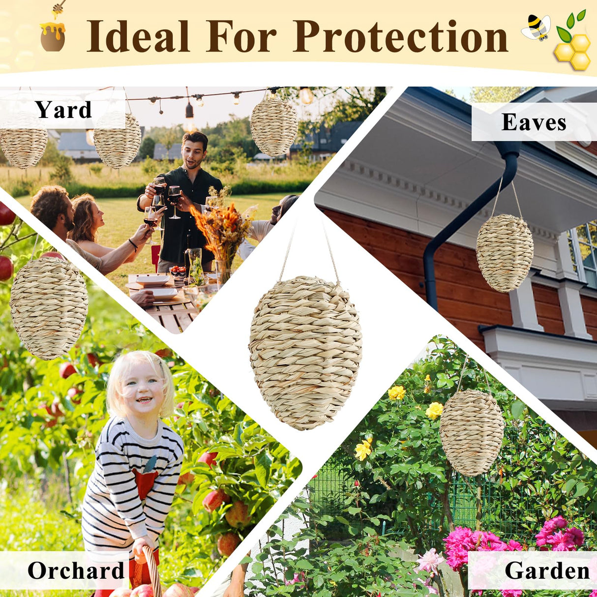 4 Pack Fake Wasp Nest Decoy, Woven Reed Wasp Hornet Decoys, Waterproof Faux Hornets Nest, Outdoor Hanging Decoration for Patio, Garden, Eaves