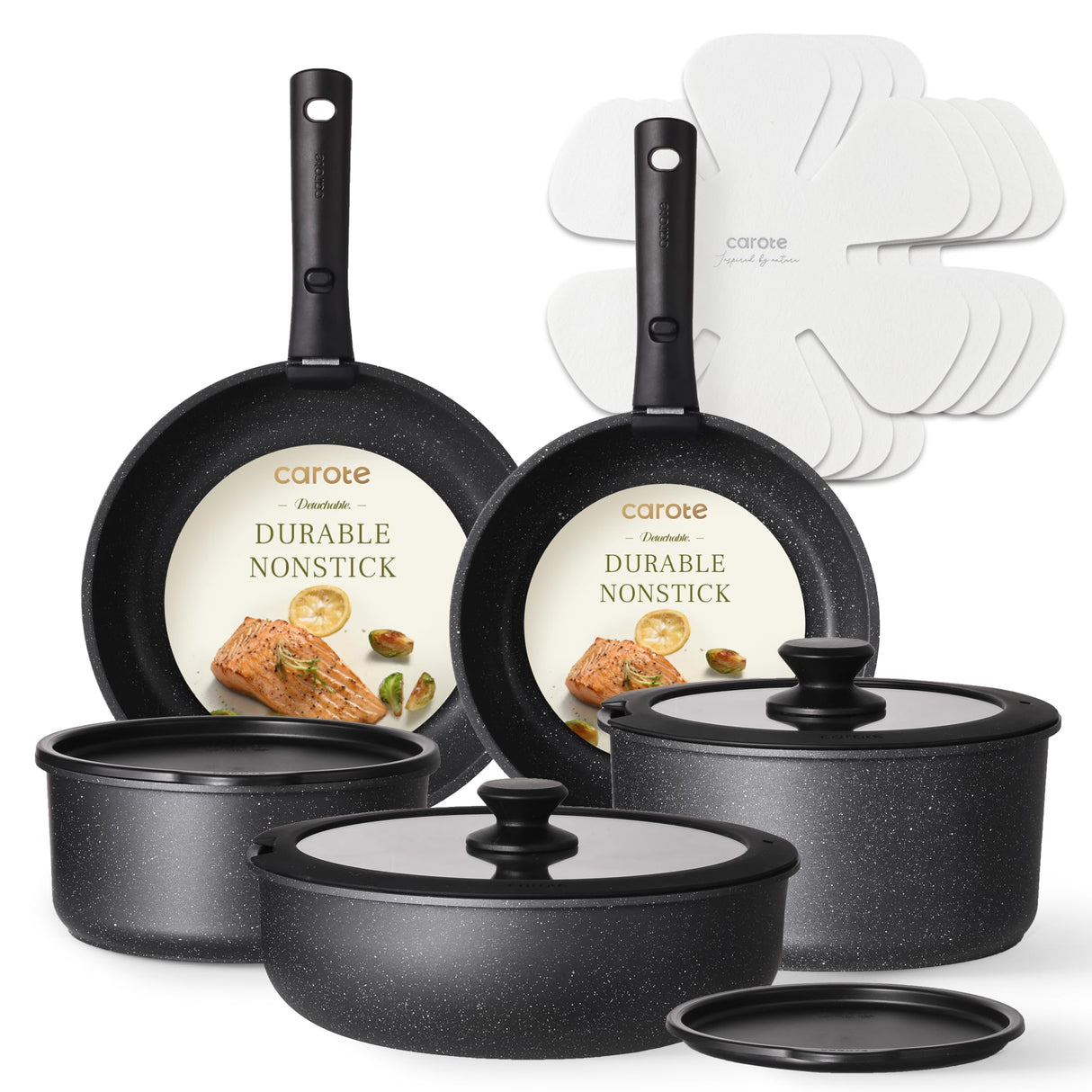 CAROTE 15pcs Pots and Pans Set Non Stick, Cookware Sets, Kitchen Set, Oven/Dishwasher/Fridge Safe, Space Saving Pots Set, Nonstick Set with Versatile Detachable Handle, Induction RV Set