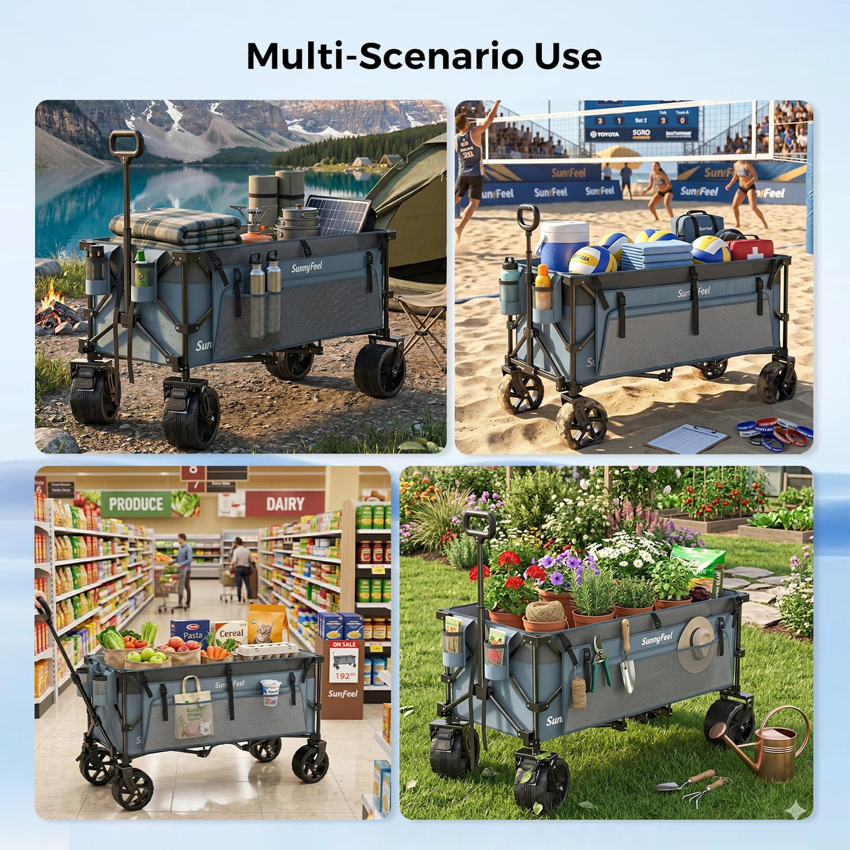 SUNNYFEEL 49" L Foldable Wagon Cart with Big Wheels - 550lbs Heavy Duty Extra Long Collapsible Shopping Cart - Utility Grocery Wagon for Garden Sports Camping Outdoor Activities (Blue)