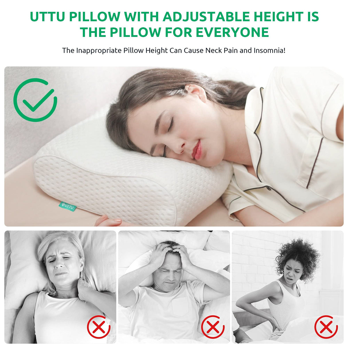 UTTU Cervical Pillow for Neck Strain Relief, Memory Foam Neck Pillow for Sleeping, Adjustable Orthopedic Sandwich Pillow, Contour Cooling for Side Back Stomach Sleeper, King(27.6"×15.7"×4.7"/3.9")
