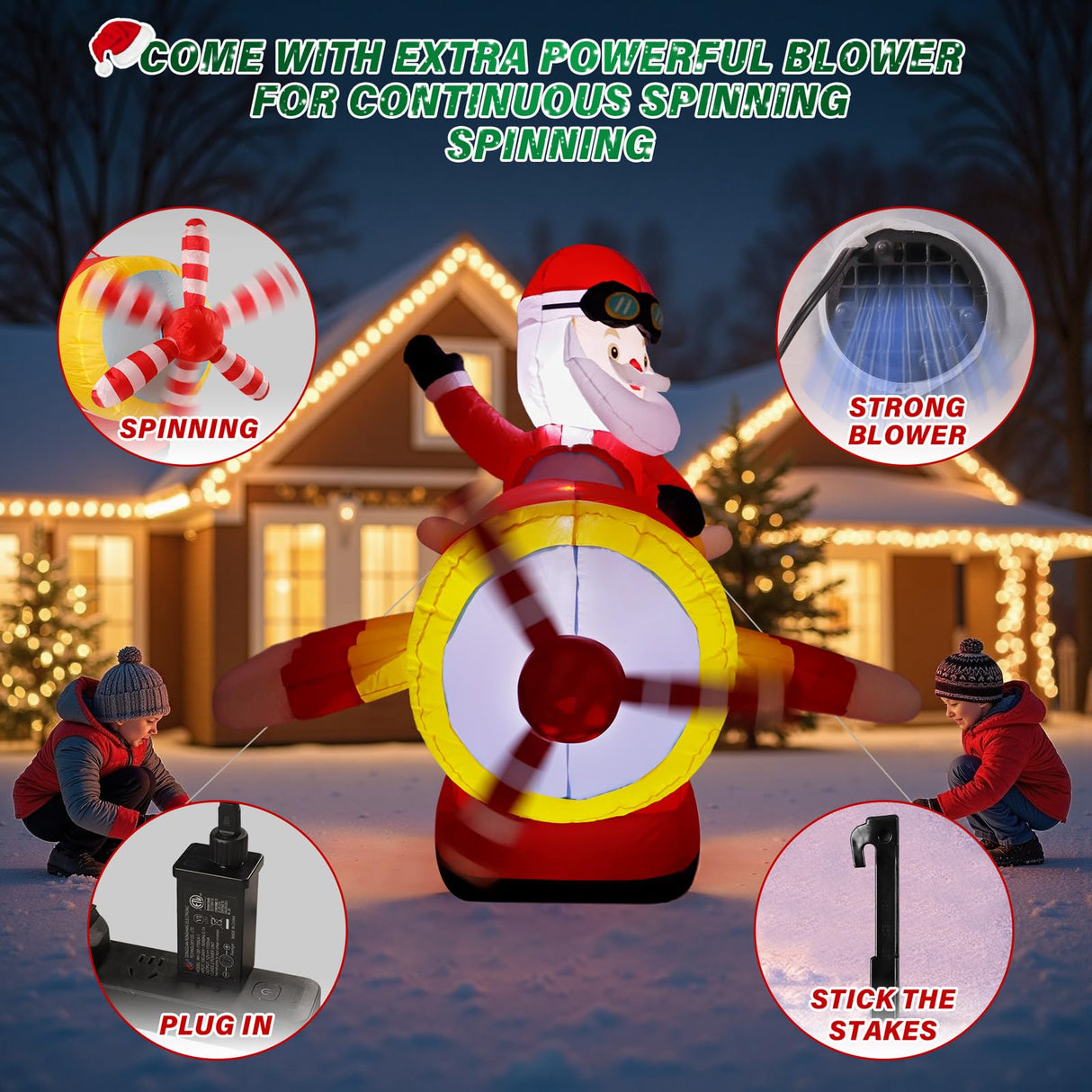 8 FT Christmas Inflatable Decorations,Santa Claus on Flying Animated Airplane with Poweful Blower,Outdoor Xmas Blow Up Decorations,Built-in Bright LED Lights for Indoor Outdoor,Lawn,New Year Gifts