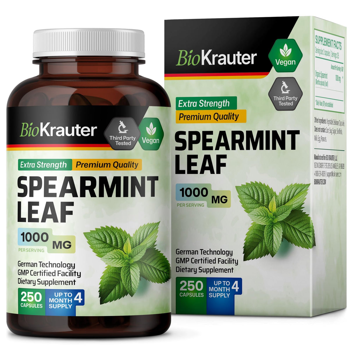 BIO KRAUTER Spearmint Capsules 1000 mg - 250 Count - Vegan Spearmint Supplement for Digestive & Respiratory Support - Mentha Spicata - No Fillers