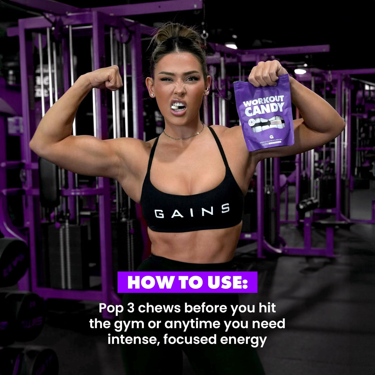 Gains in Bulk Workout Candy, Pre Workout Chews with Creatine and Caffeine for Energy, Focus, Muscle and Pump, Nitric Oxide Support, Supplements for Men and Women, Sour Fruit, 90 Vegetarian Chews