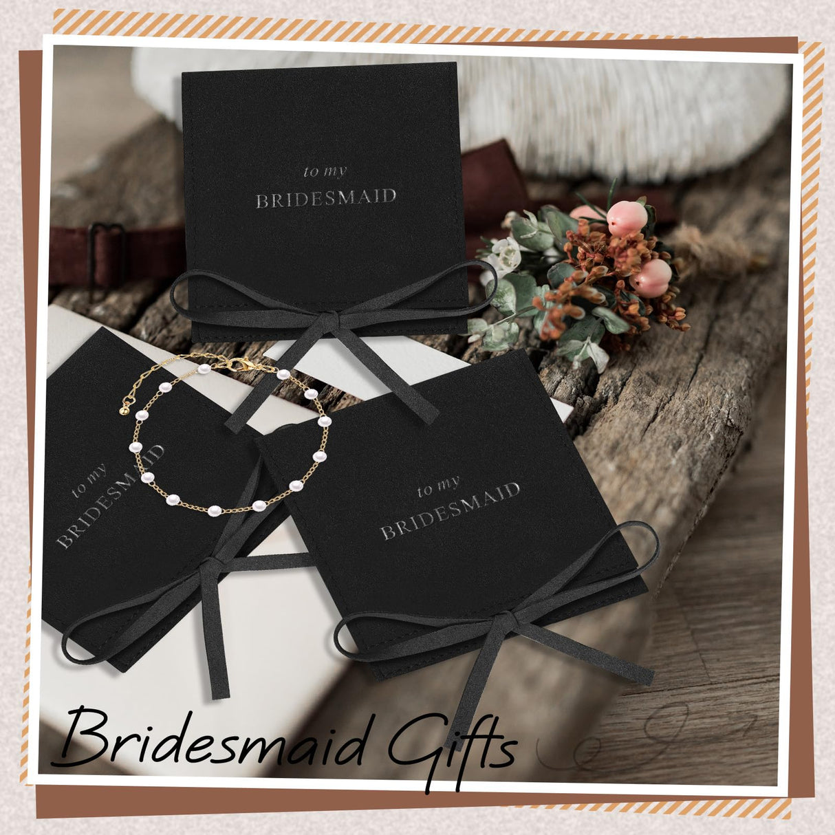 Quelay 16 Pcs Pearl Bridesmaid Bracelet Gift,Black, Gold;Bow Tie