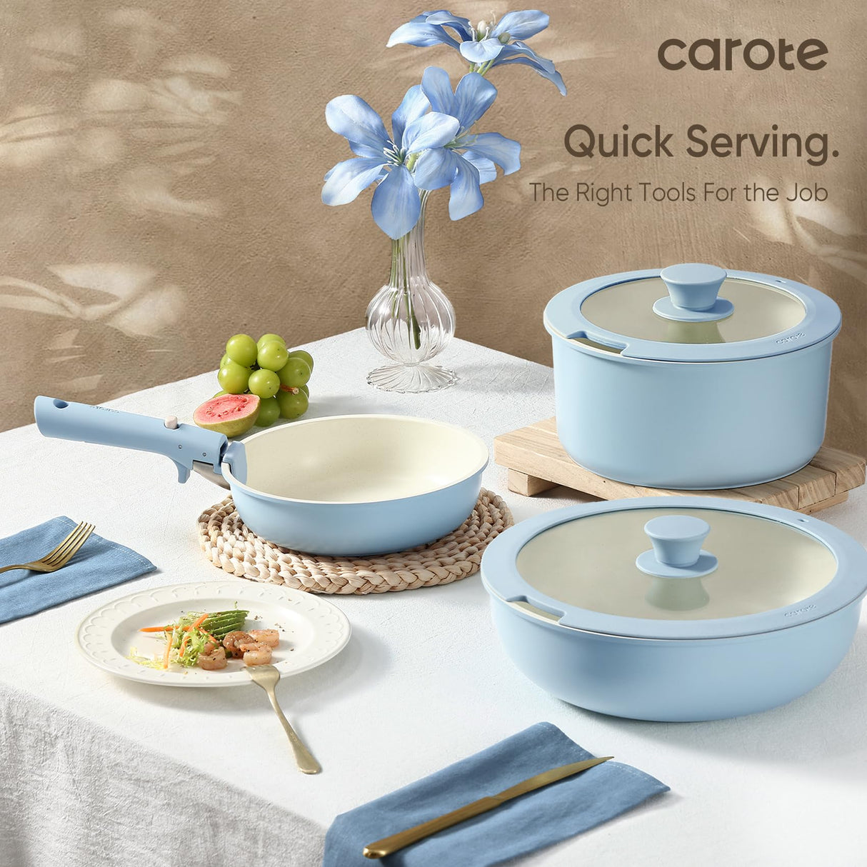 CAROTE Pots and Pans Set, Nonstick Cookware Set Detachable Handle, 15pcs Induction Kitchen Cookware Sets Non Stick with Removable Handle, RV Cookware Set, Oven Safe, Blue