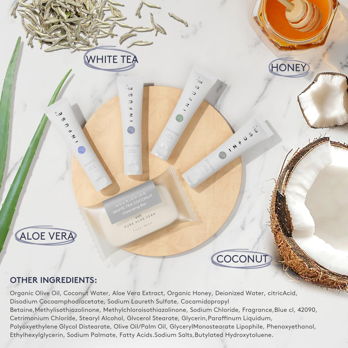 Infuse Pure White Tea and Coconut Hotel Soaps and Toiletries Bulk Set | 1-Shoppe All-In-Kit for Airbnb | 1oz Shampoo & Conditioner, Body Wash, Lotion & 1.25oz Bar Soap | Travel Size 300 Pieces