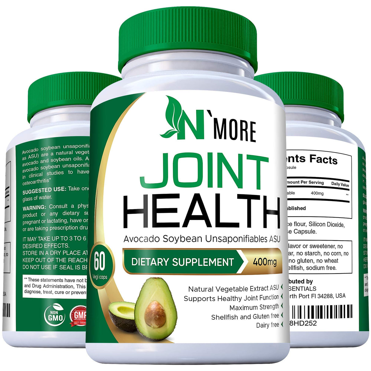 N'More Avocado Soybean Unsaponifiables Joint Health Supplement 400 mg, Non-GMO, Dairy, Gluten & Shellfish Free, 60 Day Supply, One Capsule Per Day