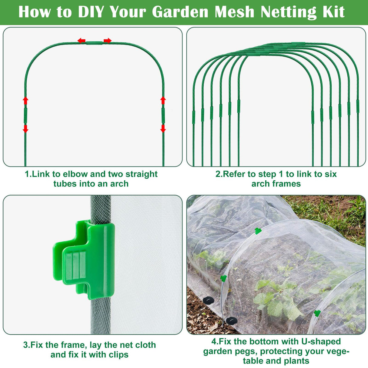 Unves 67 Pcs Garden Netting Kit, 10x25 Ft Ultra Mosquito Bird Netting with 6 Hoops & 12 Clips, Fruit Tree Netting for Patio Raised Beds Vegetable Flowers Protection Barrier