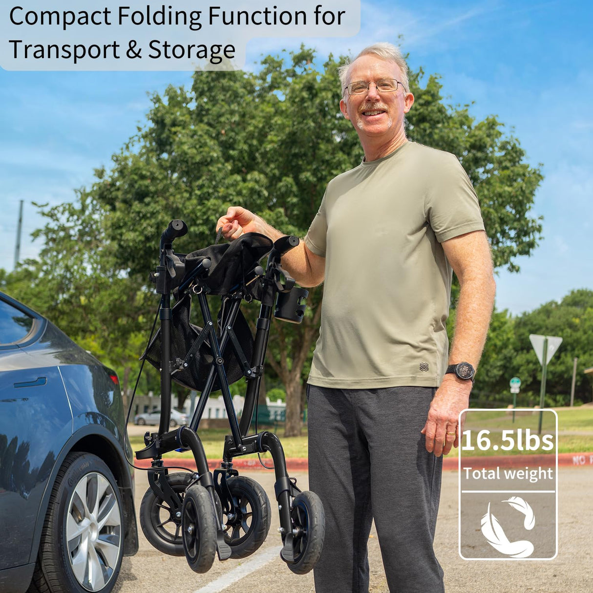 Henmnii Rollator Walker for Seniors, Lightweight Foldable All Terrain Rolling Walker with seat, Aluminum Walkers with 10 inch Rubber Wheels, Handles and Backrest for Seniors and Adult