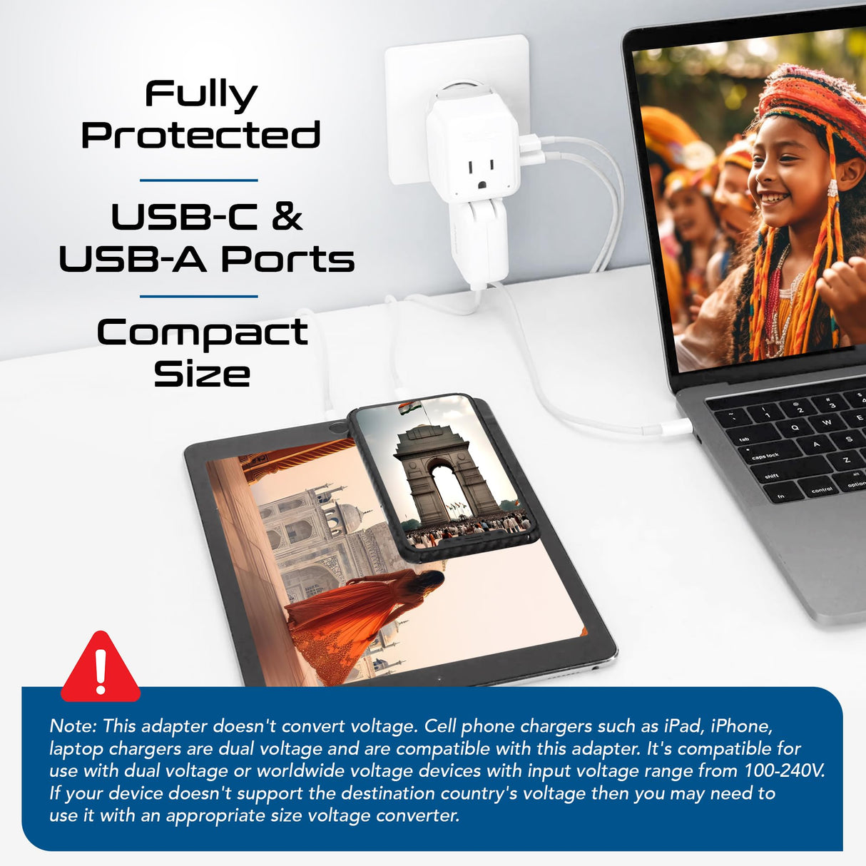 Ceptics India, Maldives Power Plug Adapter Travel Set, 20W PD & QC, Safe Dual USB & USB-C 3.1A - 2 USA Outlet - Compact - Use In Pakistan, Nepal, Bangladesh Includes Type D, Type C SWadAPt Attachments