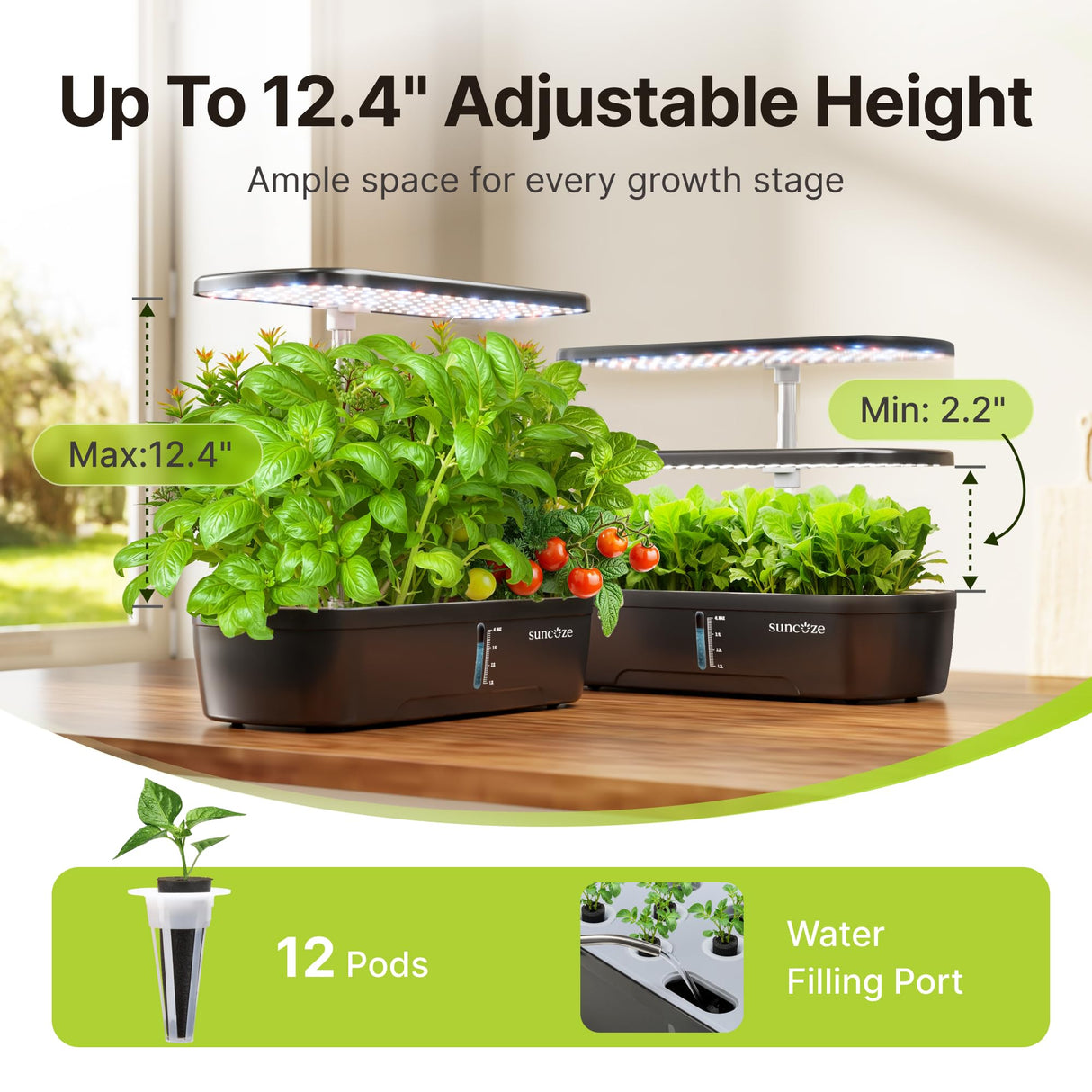 SUNCOZE Hydroponics Growing System, 12 Pods, 12.4 in Adjustable Height