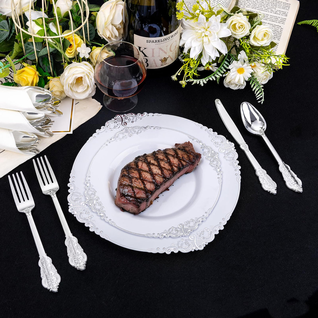 Liacere 400PCS Silver Plastic Silverware - Pre Rolled Napkins Disposable Silver Cutlery-Premium Quality Gold Plastic Utensils - Includes 100Forks,100Knives,100Spoons,100Napkins&Christmas