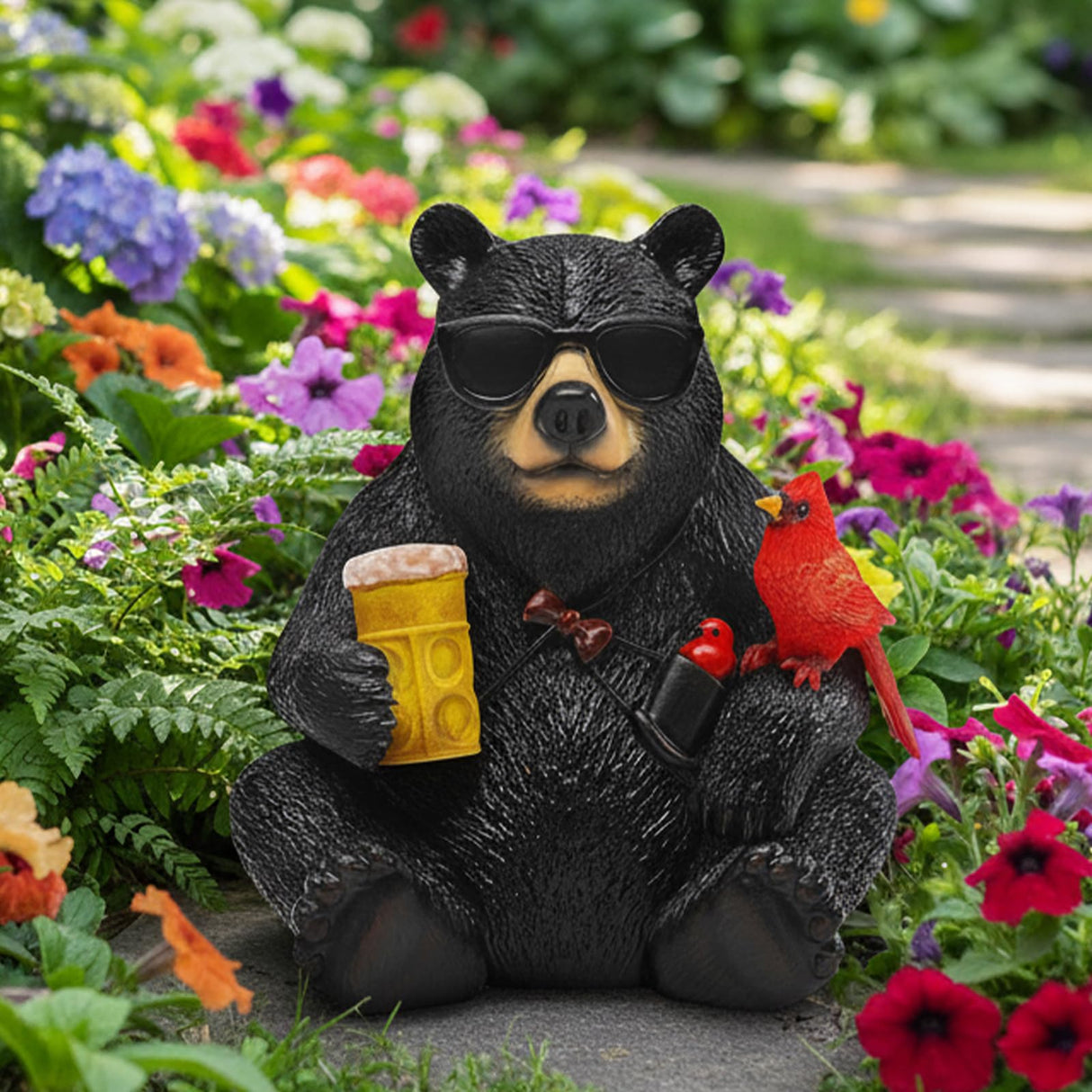YHSOLAR Solar Black Bear Statue for Garden with Beer and Cardinals 6.3" Resin Garden Statues for Outside Yard Paito Porch Decor Birthday Gardening Gifts for Women Mother Sister Grandmother Wife