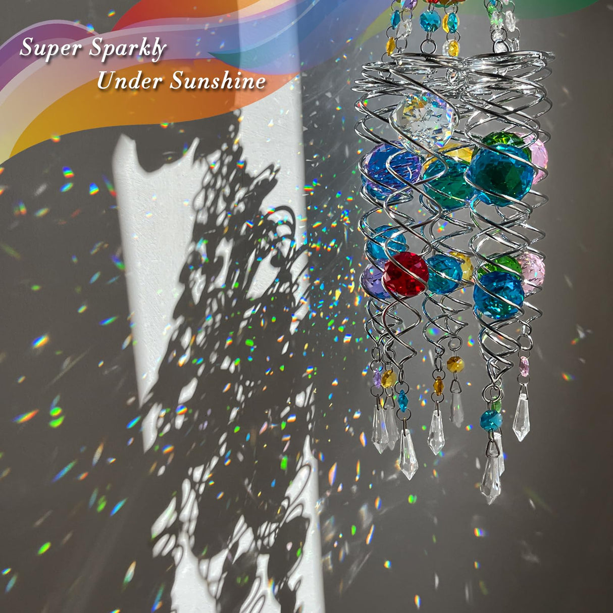 FONMY Butterfly Sun Catcher Gazing Ball Wind Spinner Rainbow Maker Silver Spiral W/ K9 Blue Crystal Ball Christmas Gfit Tree Hanging Ornament Indoor Outdoor Garden Decor. 19.5inch H
