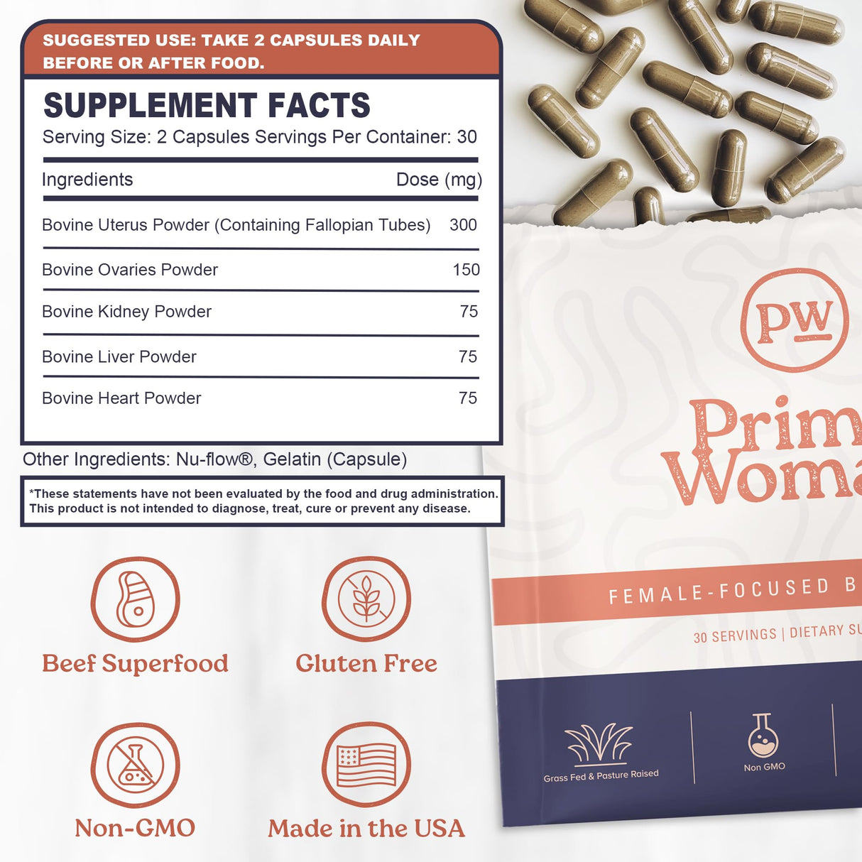 Primal Woman Beef Organ Supplement for Women - Heart, Liver for Women, Grass Fed, Pasture Raised Liver | Primal Beef Organ Capsules Woman (60 Capsules)