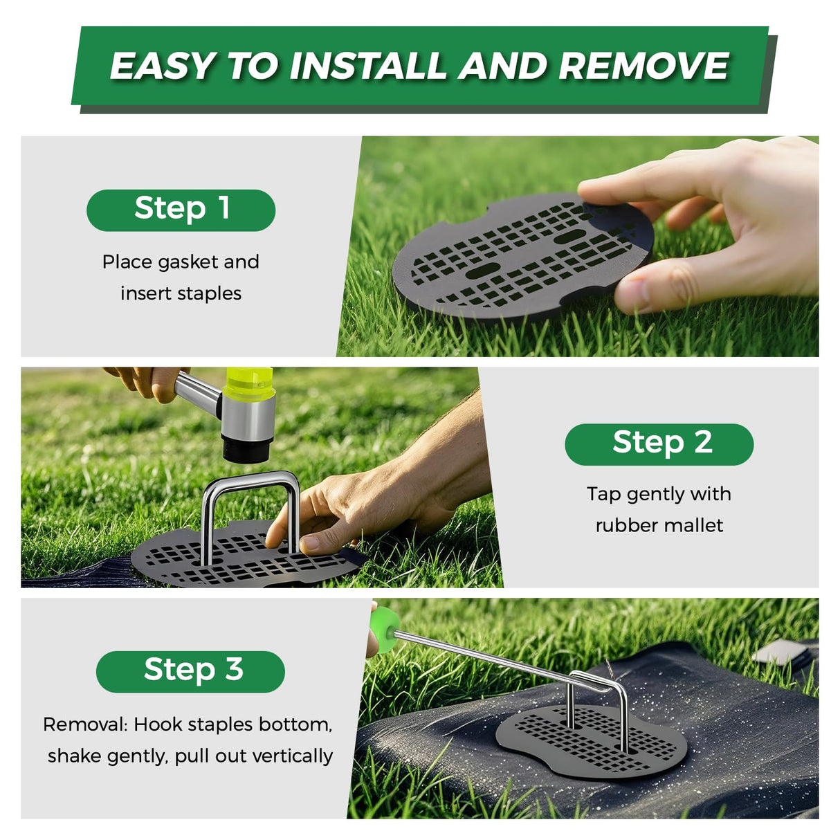 Landscape Staples 50 Pack, 6 Inch 11 Gauge Heavy Duty Galvanized Garden Staples with 50pcs Fixing Washers, Rubber Mallet & Hook Remover, U Shaped Weed Barrier Stakes for Sod, Turf and Lawn