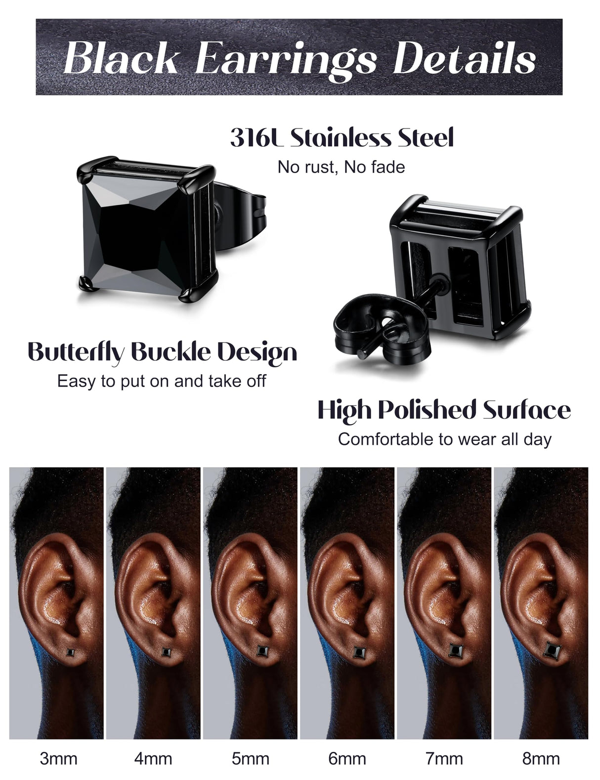 ORAZIO Black Square CZ Stud Earrings for Men Women Stainless Steel Princess Cut Cubic Zirconia Earring Studs 3MM-8MM