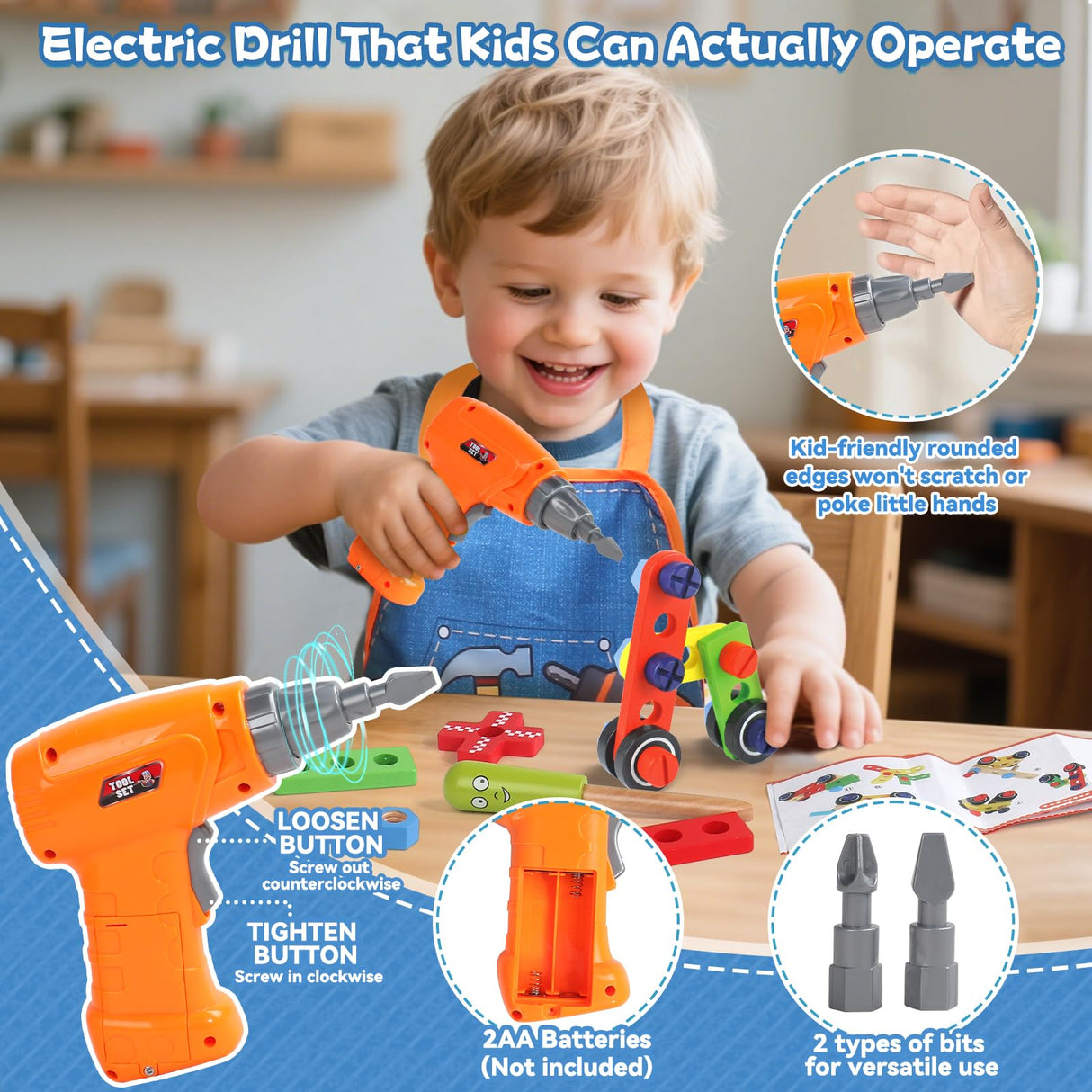 Kids Tool Set with Drill, Educational Montessori Toys for 3 Year Old Boys 44 Pcs STEM Kids Toys Wooden Toddler Tool Set with Apron & Box Christmas Birthday Gifts for 3 4 5 Year Old Boy Girl