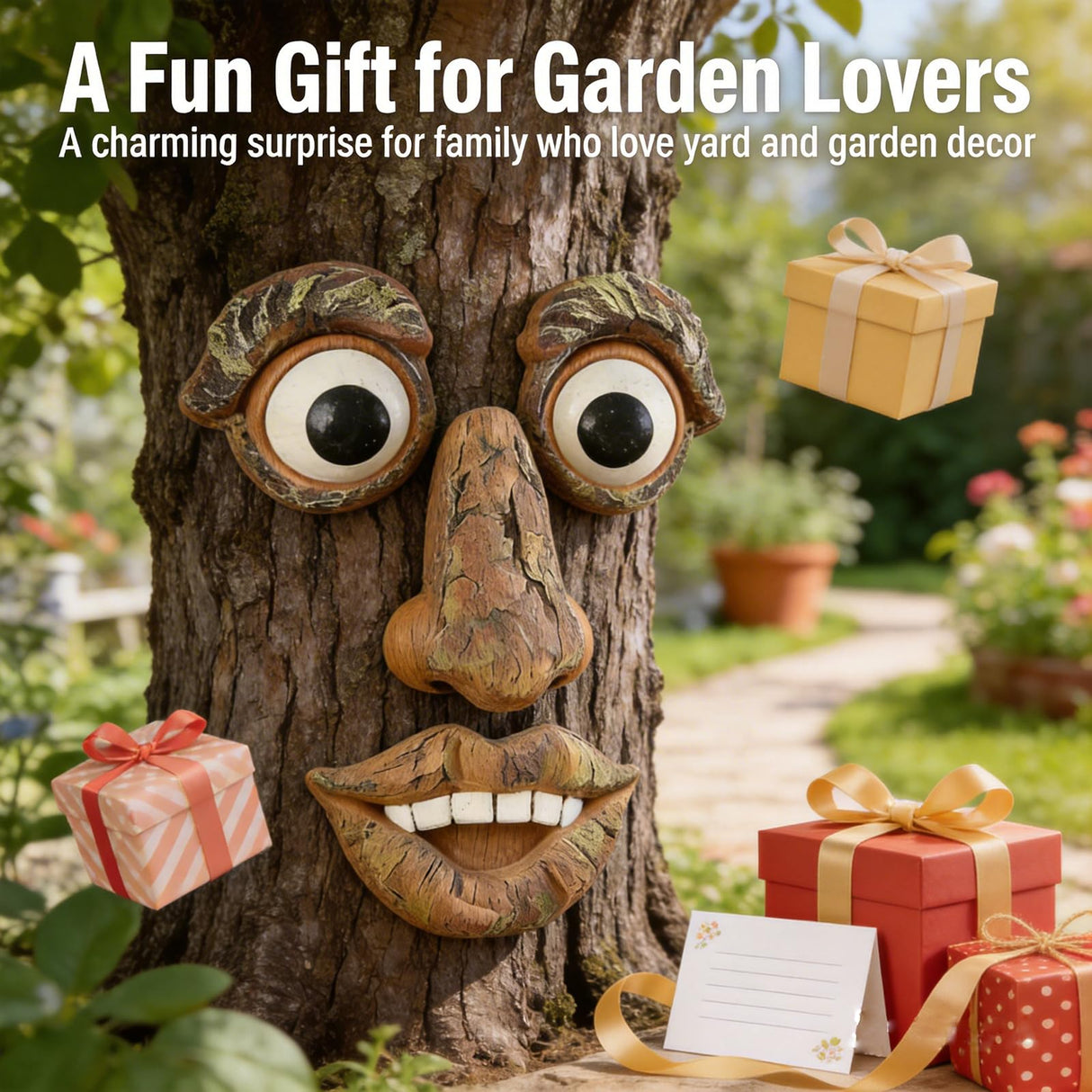 FmnyYaid 4 Pack Tree Faces Decor Outdoor, Large Whimsical Old Man Tree Hugger Statues, Resin Tree Art for Garden Yard Patio, Funny Tree Peeker Sculptures for Halloween Easter