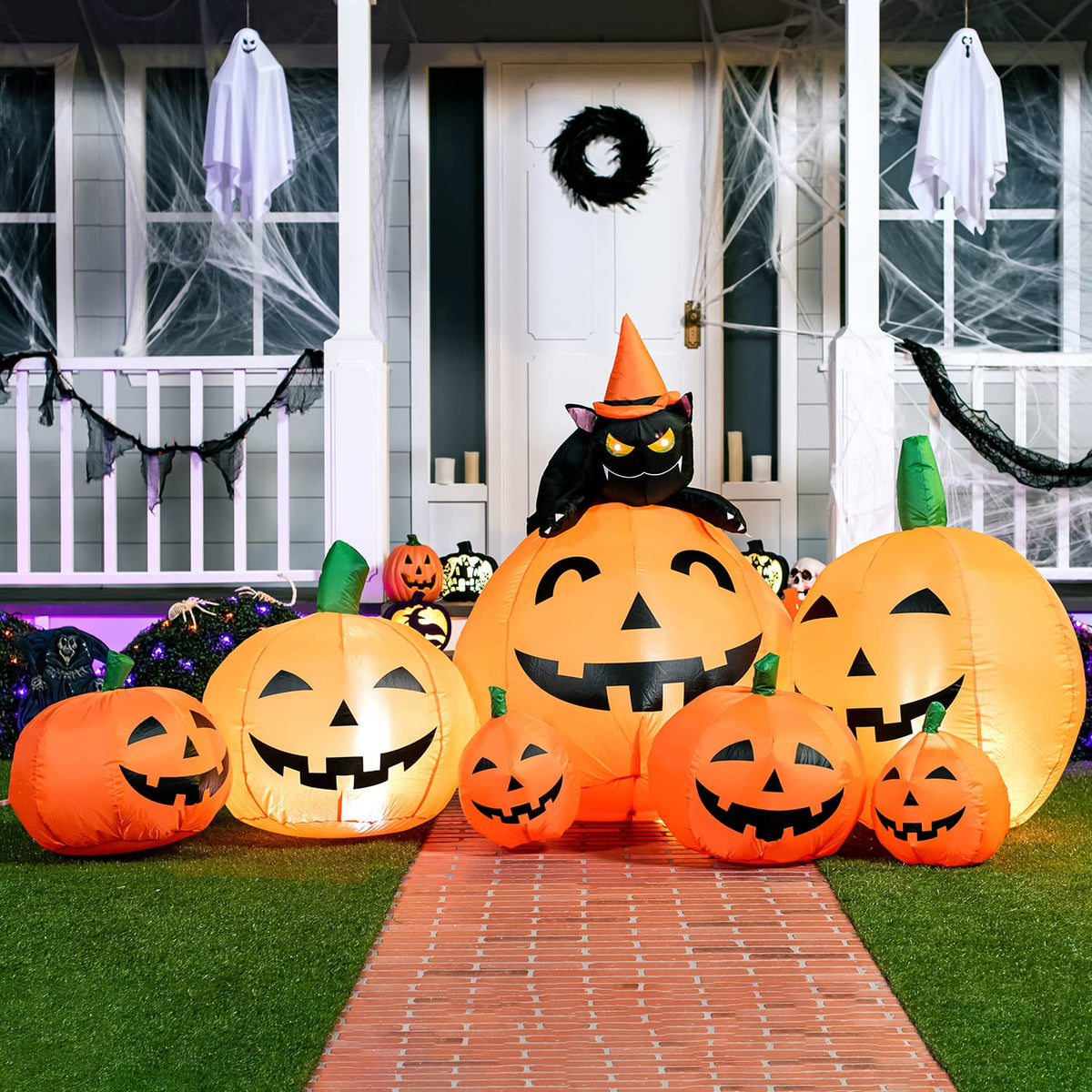 Joiedomi 7 FT Long Halloween Inflatables Pumpkin Outdoor Decorations, 7 Pumpkins Outside Decoration with Witch's Cat with Build-in LEDs Blow Up Inflatables for Party Yard Lawn Garden Decor