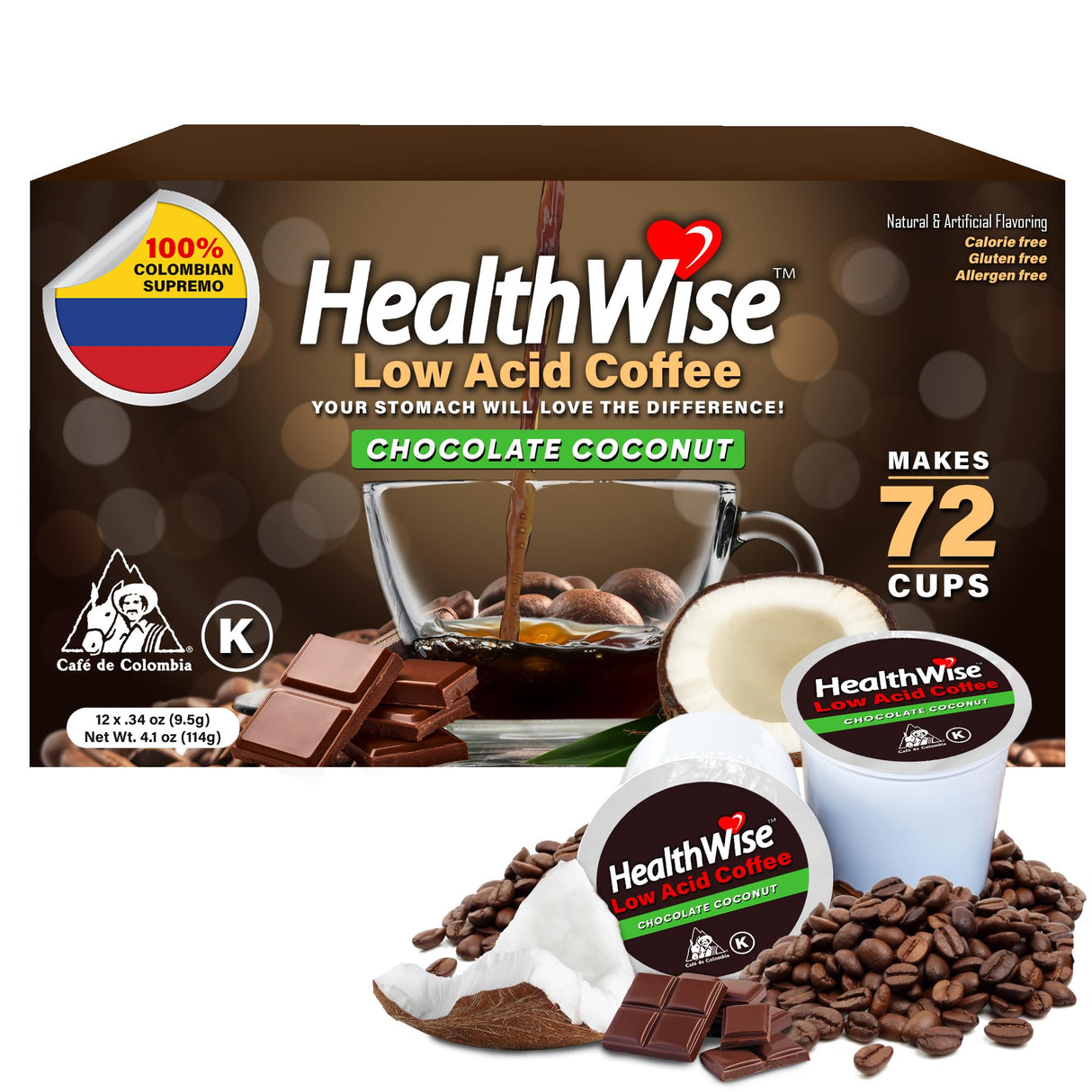 Healthwise Chocolate Coconut 100% Colombian Coffee K-Cups Low Acid Coffee K-Cups - Medium Roast, Healthier Coffee for Sensitive Stomach - 72 Count (Pack of 6)