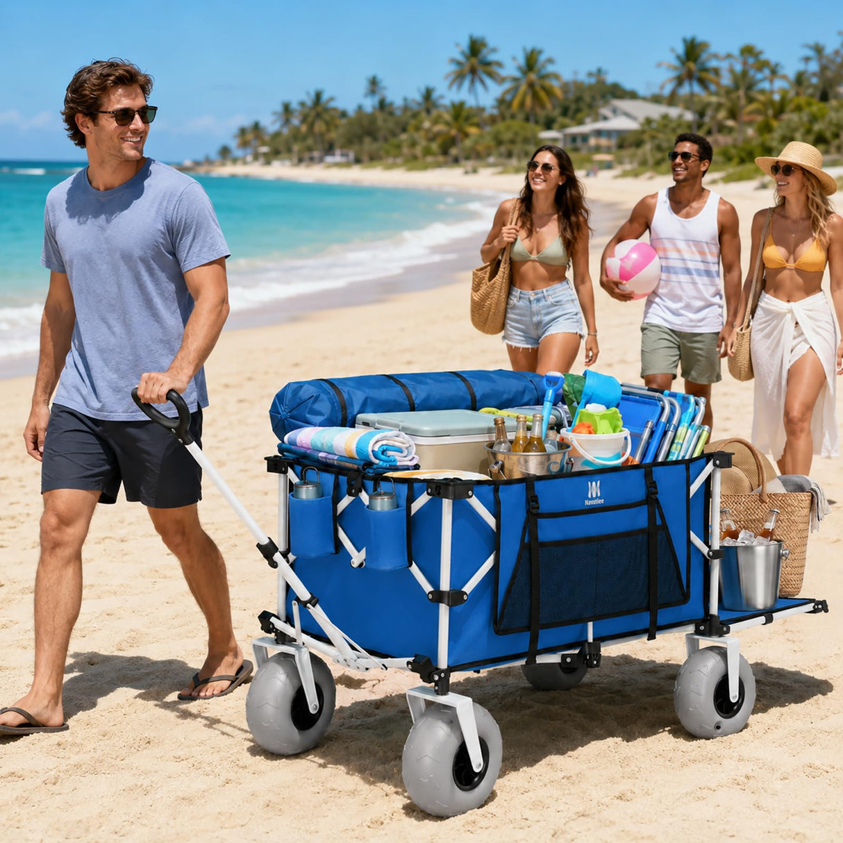 Navatiee 260L Beach Wagon with Extended Tailgate, 440lbs Heavy Duty Beach Cart with 9” Big Balloon Wheels for Sand, Collapsible Folding Wagon with Side Pocket for Outdoor, Blue