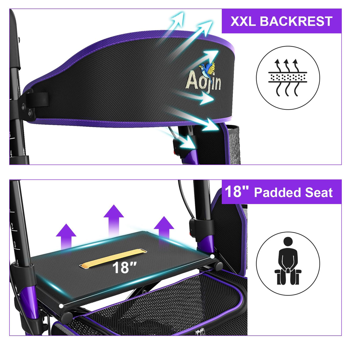 Walkers for Seniors, Rollator Walker with Seat, 350 lb Weight Capacity, 18" Big Seat, 8" All-Terrain Wheels, 6-Level Adjustable Height, Lightweight Aluminum Frame Rollator Walkers for Seniors (Purple)