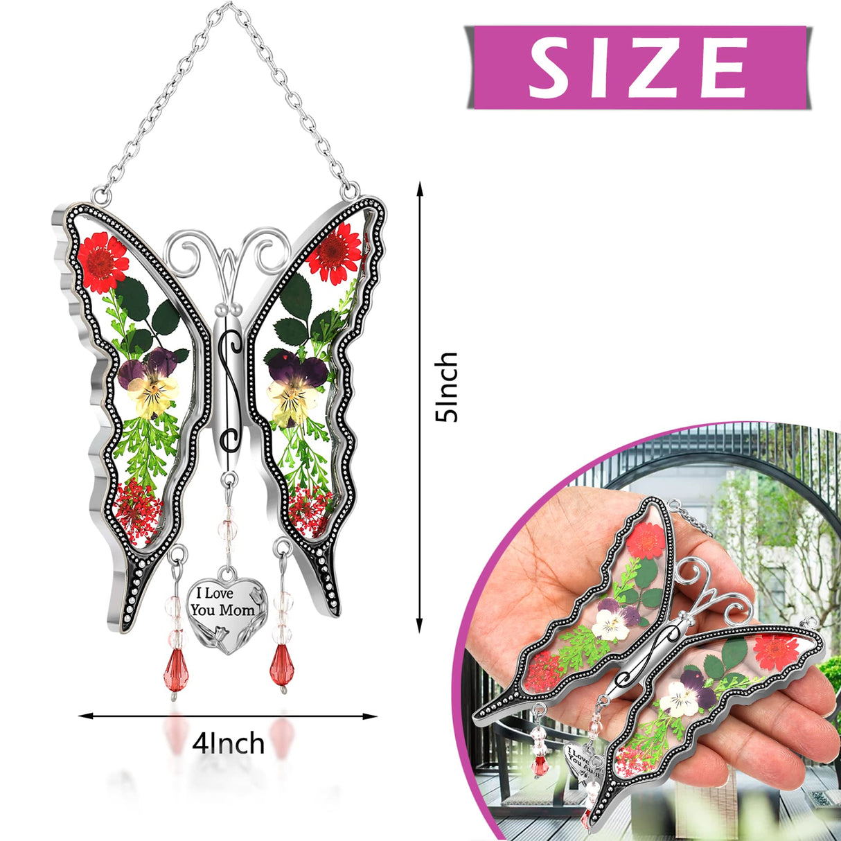 KY&BOSAM Butterfly Suncatcher Pressed Flower Stained Glass Window Hanging