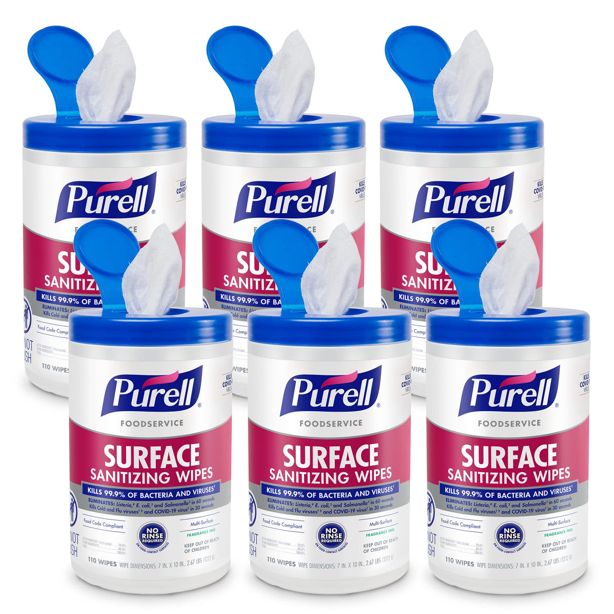 PURELL Foodservice Surface Sanitizing Wipes, Fragrance Free, 110 Count Canister, 7"x 10" Wipes (Pack of 6) - 9341-06