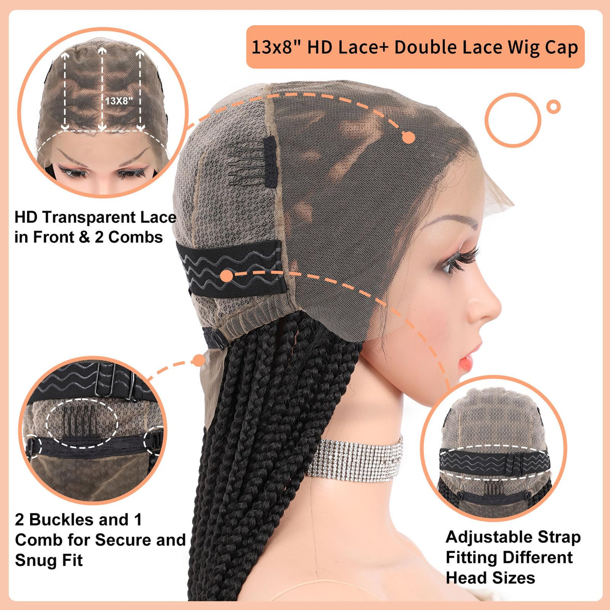 Brinbea 36'' 13X8" HD Lace Front Knotless Braided Wigs for Women Box Braid Wig with Baby Hair Braided Lace Front Wigs Human Hair Blended Braid Wig Natural Long Black