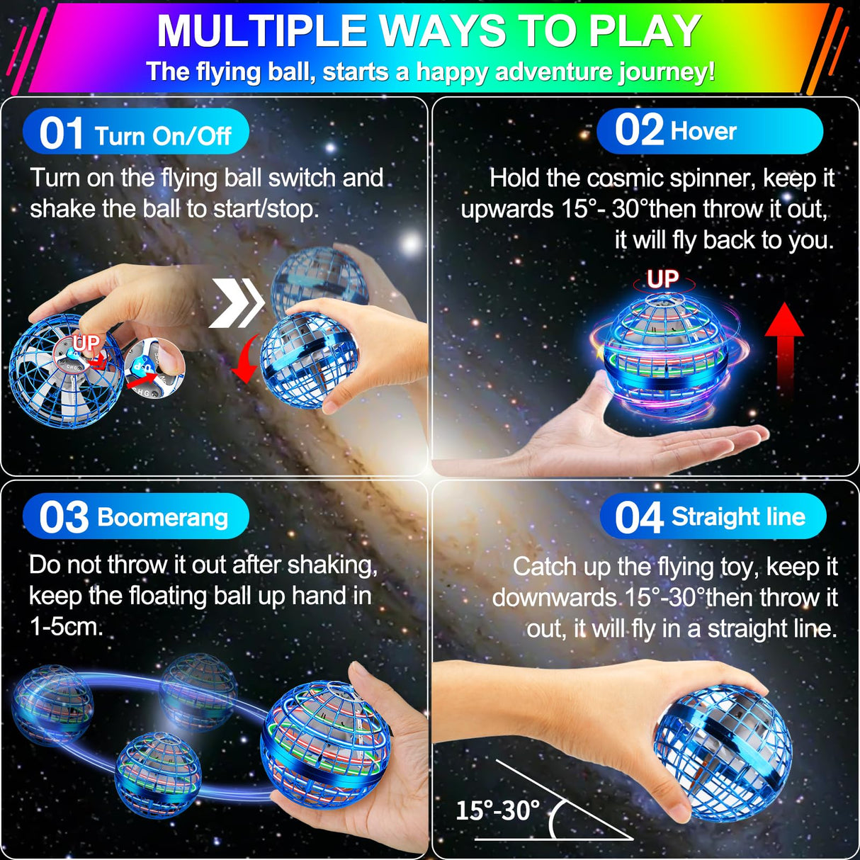 Vantexi Flying Orb Ball Toy, Parachute with LED Light, Magic Hand Controlled Mini Galaxy Hover Ball,Cosmic Globe Boomerang, Cool Christmas Birthday Gift for 6 7 8 9 10+ Year Old Boys Girls-Bright Blue