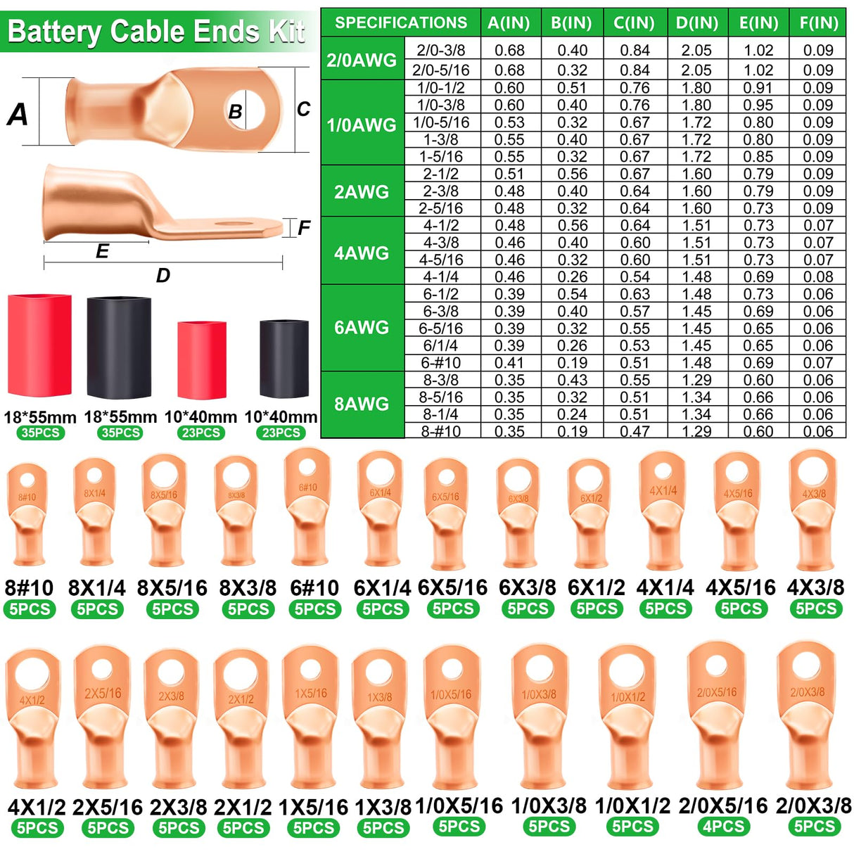 Twidec/230PCS Battery Cable Ends Kit AWG 8 6 4 2 1 1/0 2/0 Heavy Duty Copper Lugs Cable Wire Lugs,Copper Ring Terminals Connectors with Heat Shrink Tube and Hydraulic Crimping Tool With 9 Die