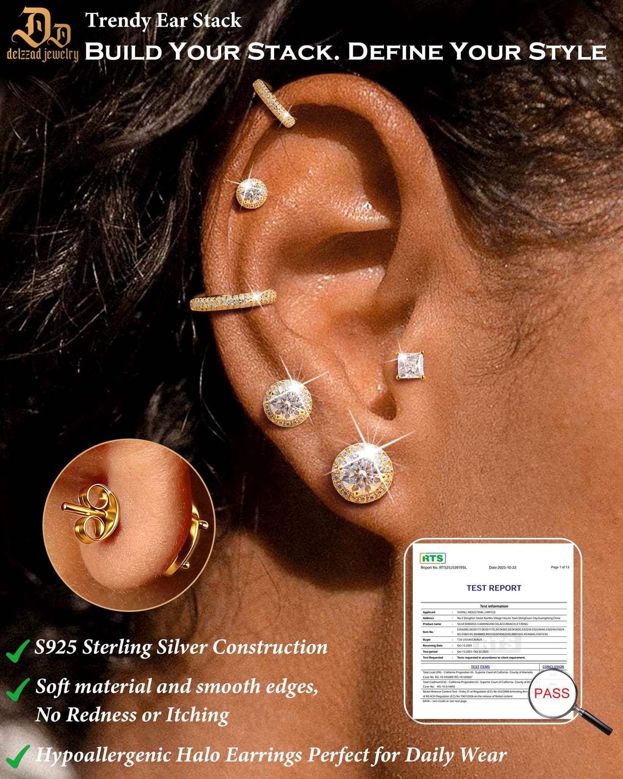 Delzzad Moissanite Earrings for Men, Solid S925 Sterling Silver and 18K Golden Plated Halo Stud Earrings for Women Valentine's Day Mother's Day - D Color VVS1 Hypoallergenic Dainty Moissanite Jewelry for Sensitive Ear, 6.5mm(1ct*2)