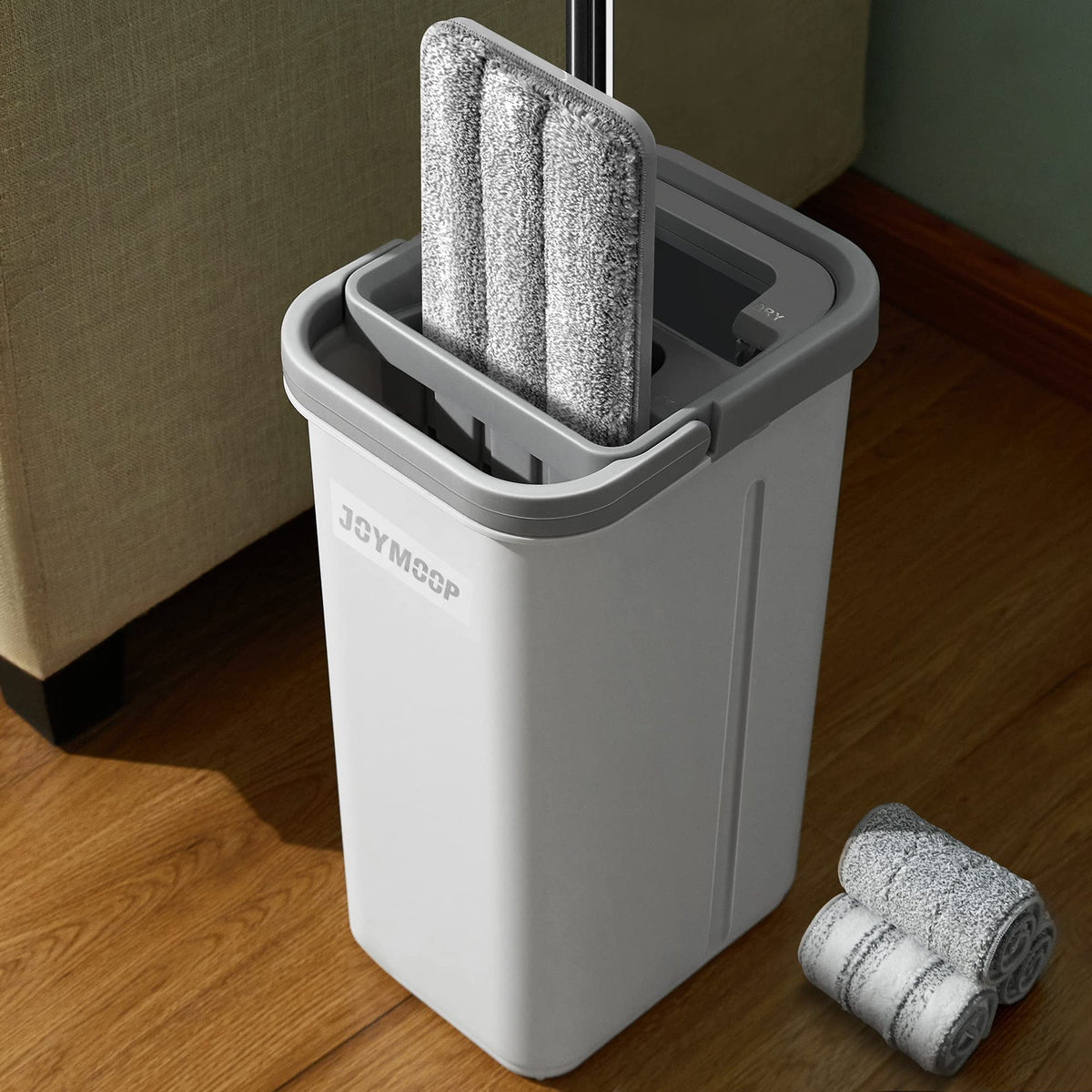 JOYMOOP Flat Mop System, Wall Mop and Bucket Set, Commercial, White, 3 Pads