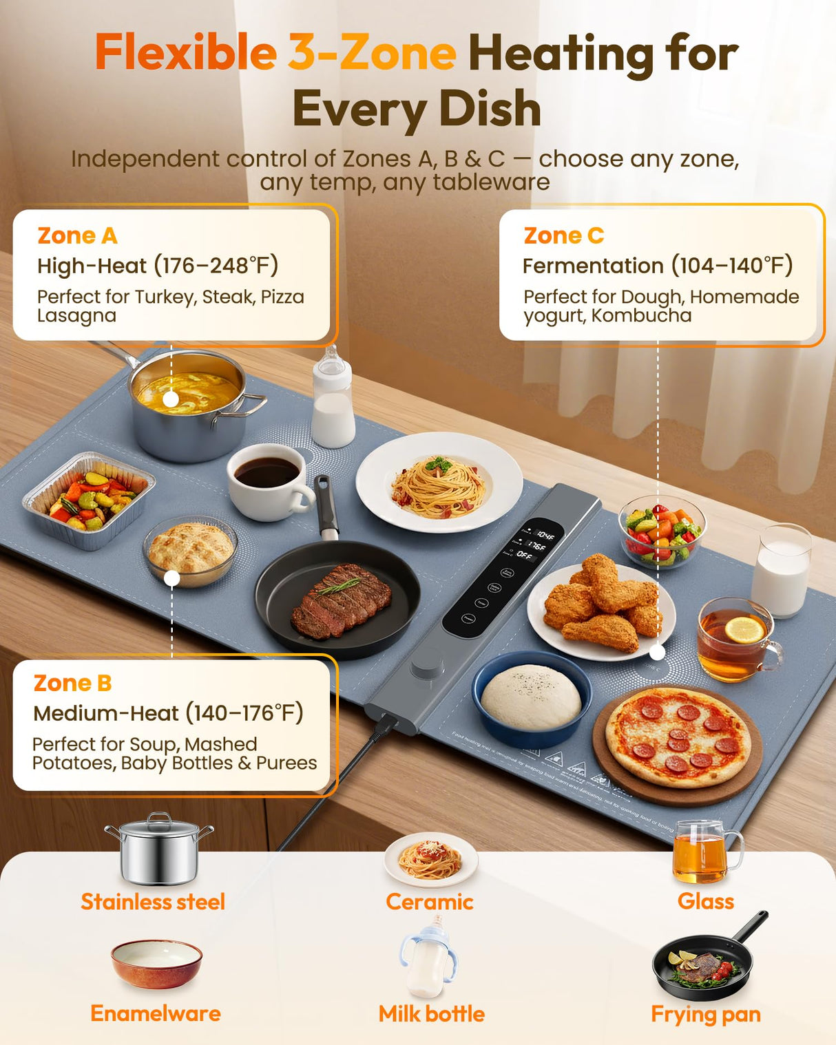 3-Zone Independent Warming Mat for Food 40"x17" XXL, Food Warming Mat with 17 Precise Temp Levels & 1–6H Timer, Heating Mat for Food, Silicone Roll-Up Food Warmer & Warming Tray for Party Buffets
