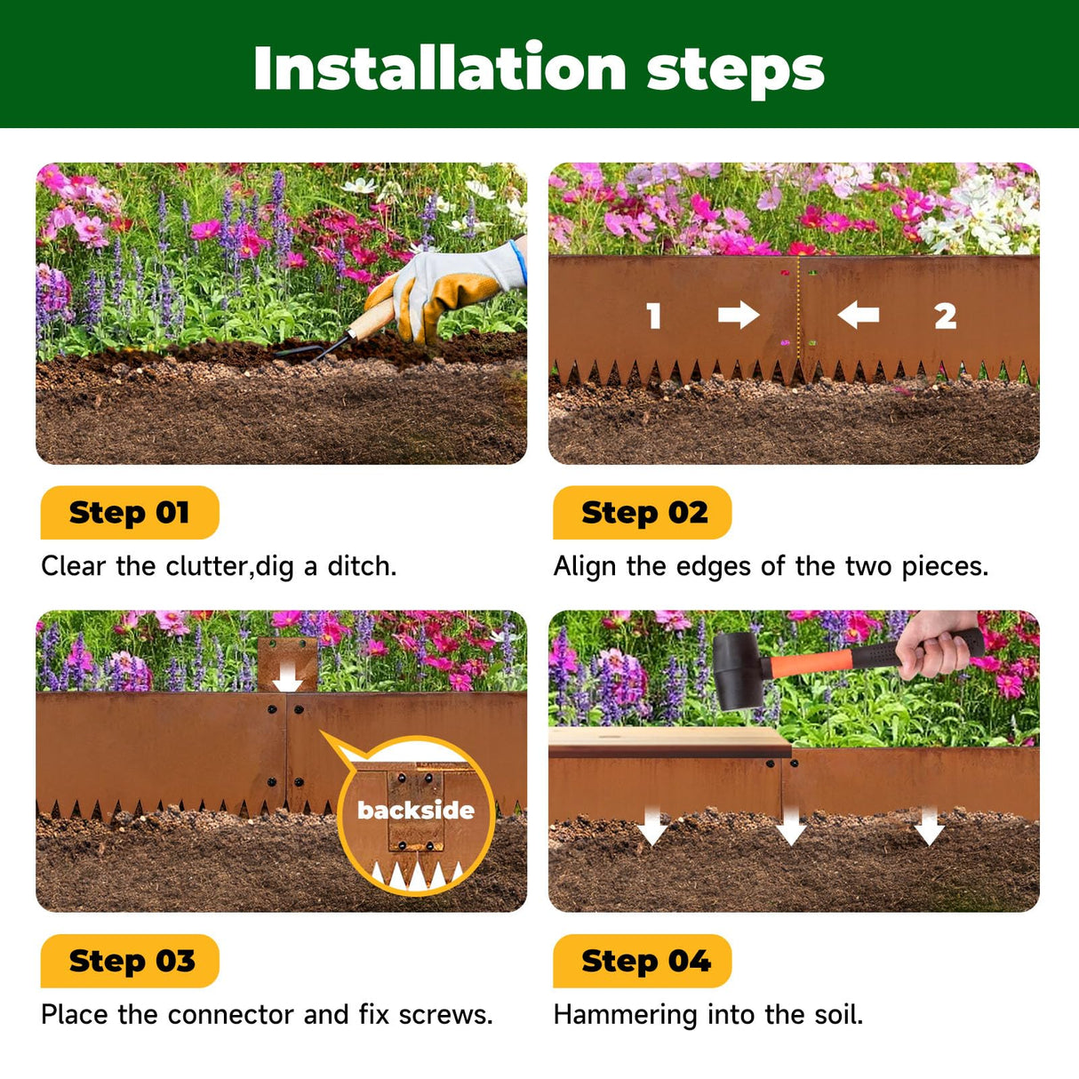 Corten Steel Edging 8" H x 40" L Steel Garden Edging 6 Pack 180 Bend Rusted