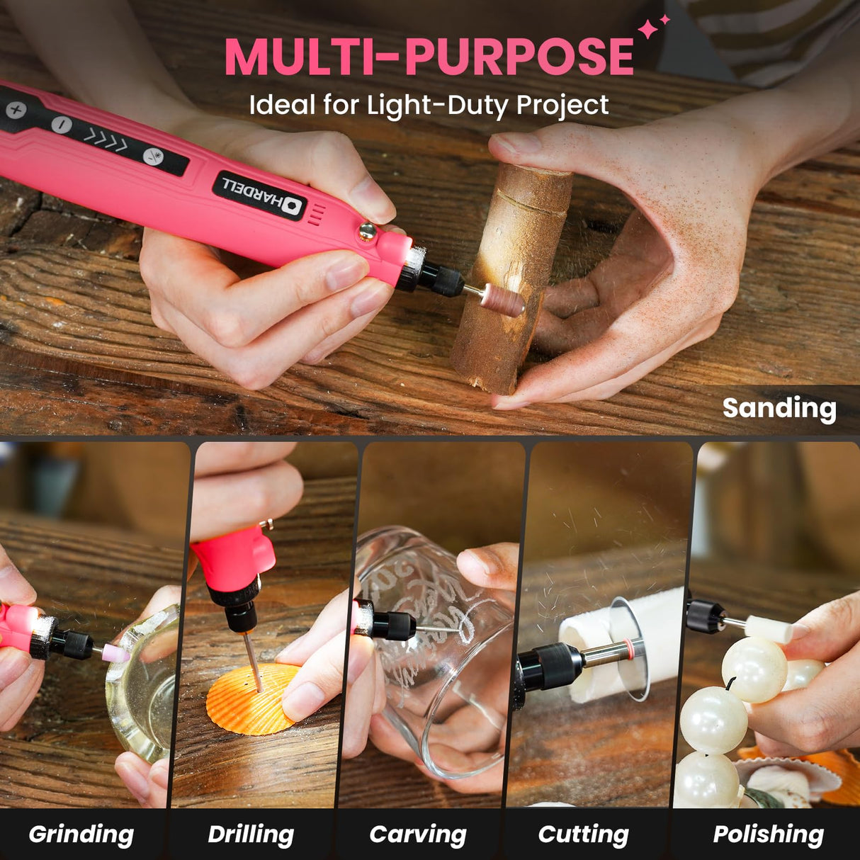 HARDELL Mini Cordless Rotary Tool, 5-Speed 3.7V Rechargeable Rotary Tool Kit with 36Accessories, USB Charging Multi-Purpose DIY Tool for Sanding, Polishing, Drilling, Engraving, Woodworking(Pink 36)