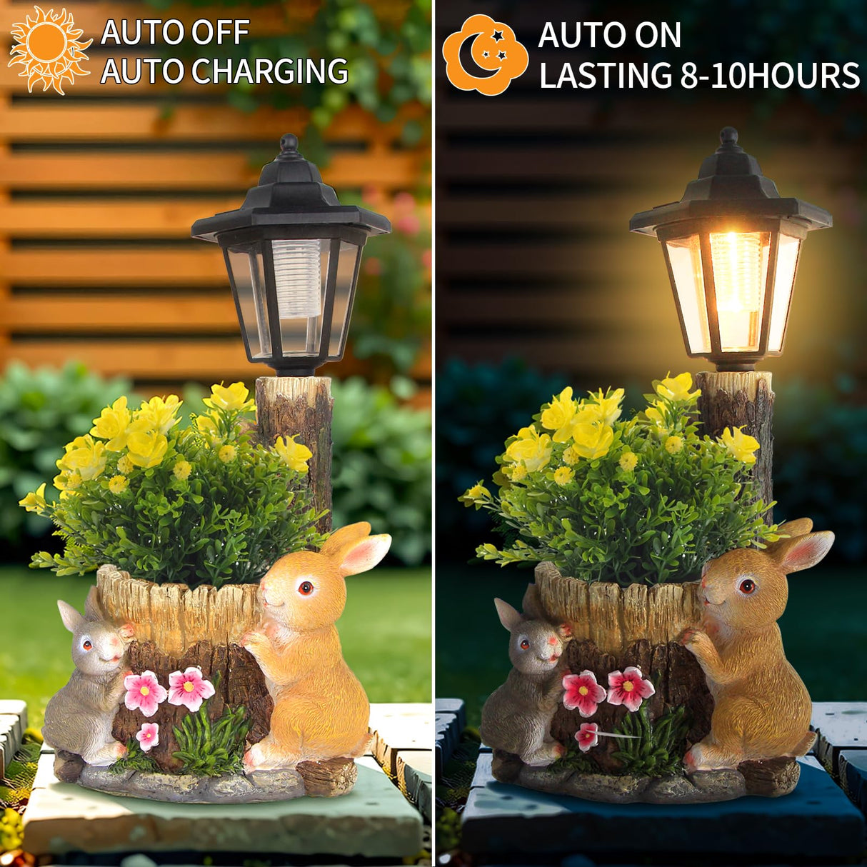 YEPOTUE Solar Bunny Garden Stalue Outdoor, Rabbits Figurine Flowerpot Decolwith Solar Lantem for Yard Art Lawn Ornaments Porch Patio Balcony - Gardening Gifts for Women Mom
