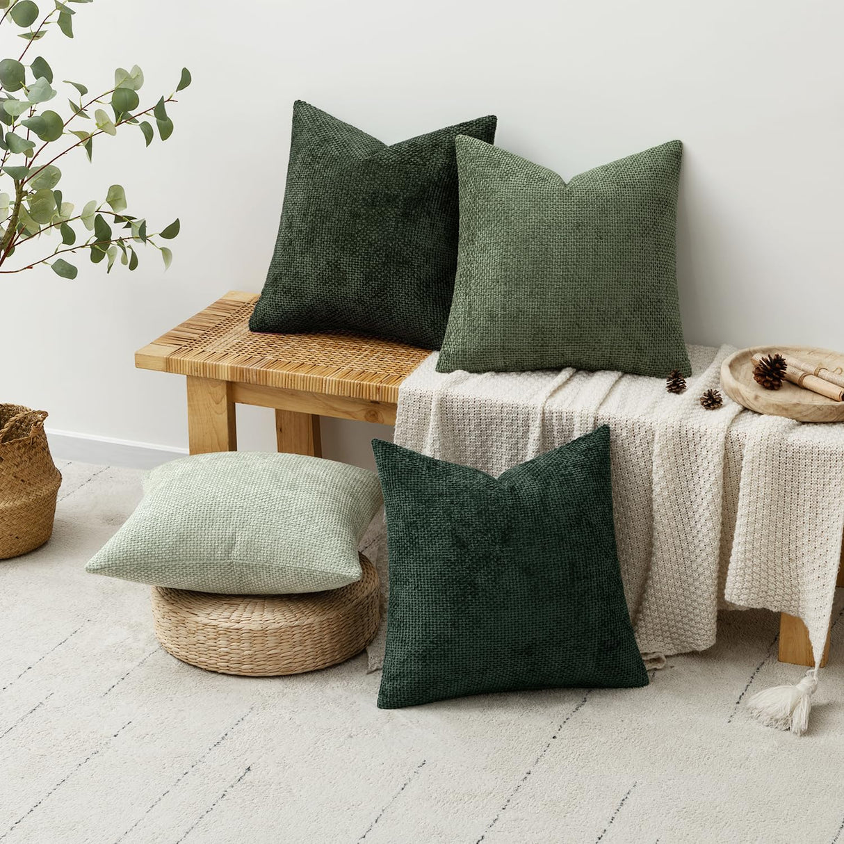 MIULEE Pack of 4 Christmas Couch Throw Pillow Covers 18x18 Inch Green Soft Decorative Chenille Pillow Covers Farmhouse Accent Cushion Covers for Boho Home Decor Sofa Bedroom Living Room