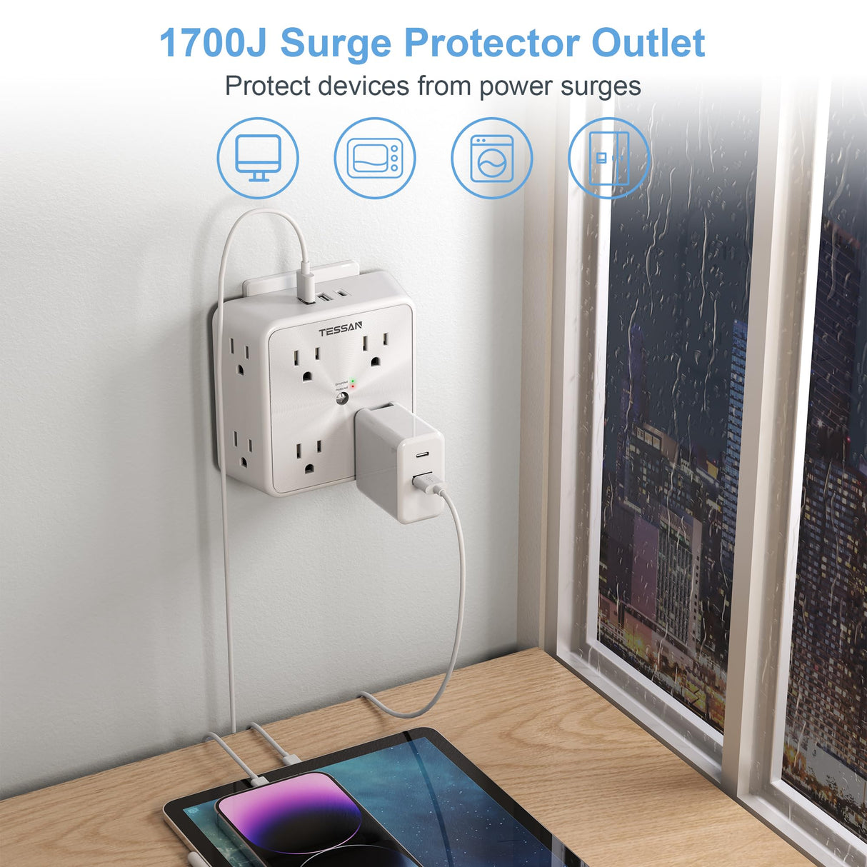 TESSAN 8 Outlet Surge Protector with 3 USB Wall Charger (1 USB C)