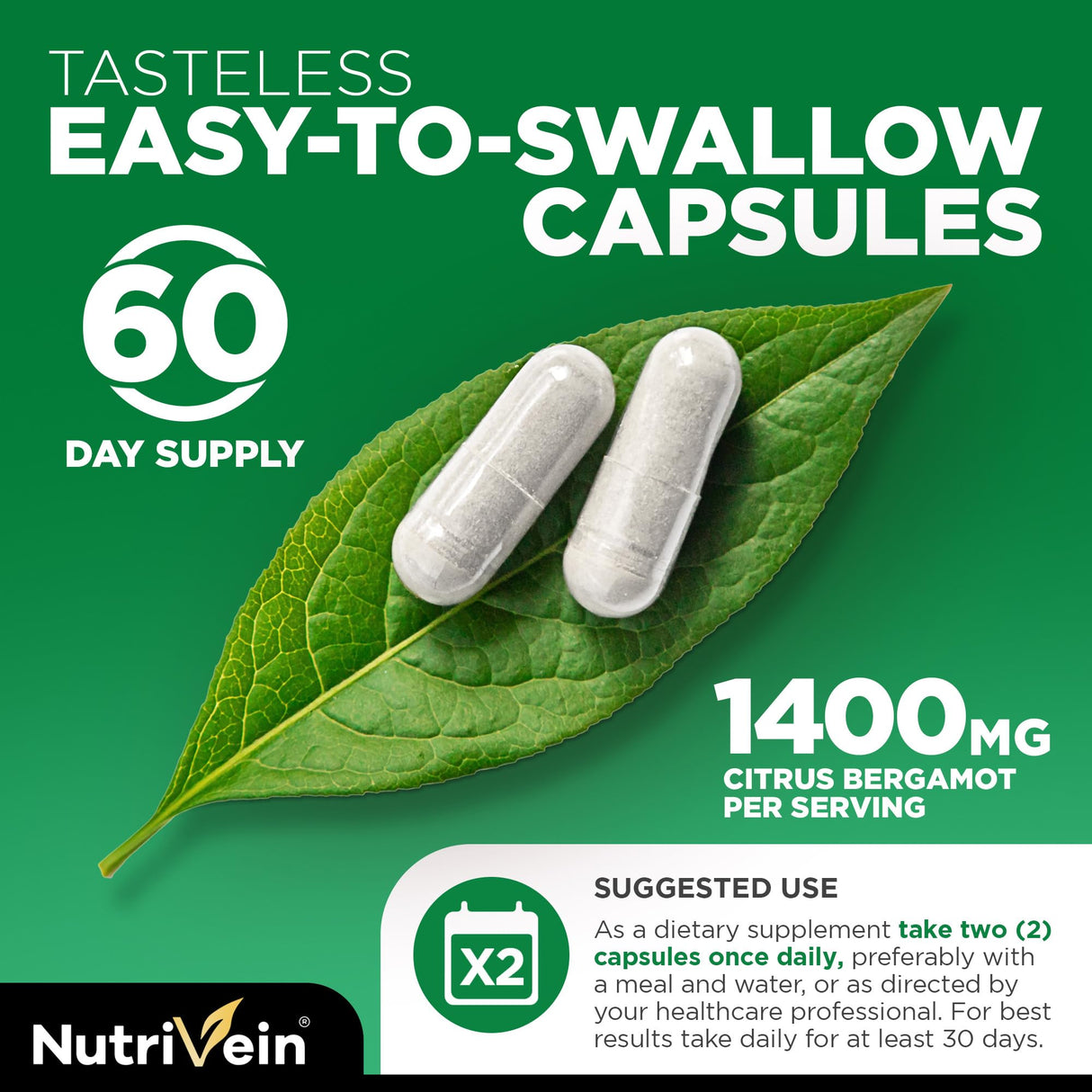 Nutrivein Premium Citrus Bergamot Supplement 1400mg 25:1 Bergamia Extract - 60 Day Supply (120 Capsules): Powerful Italian Citrus Bergamot 1400 mg+ High Concentration - Heart and Circulatory System