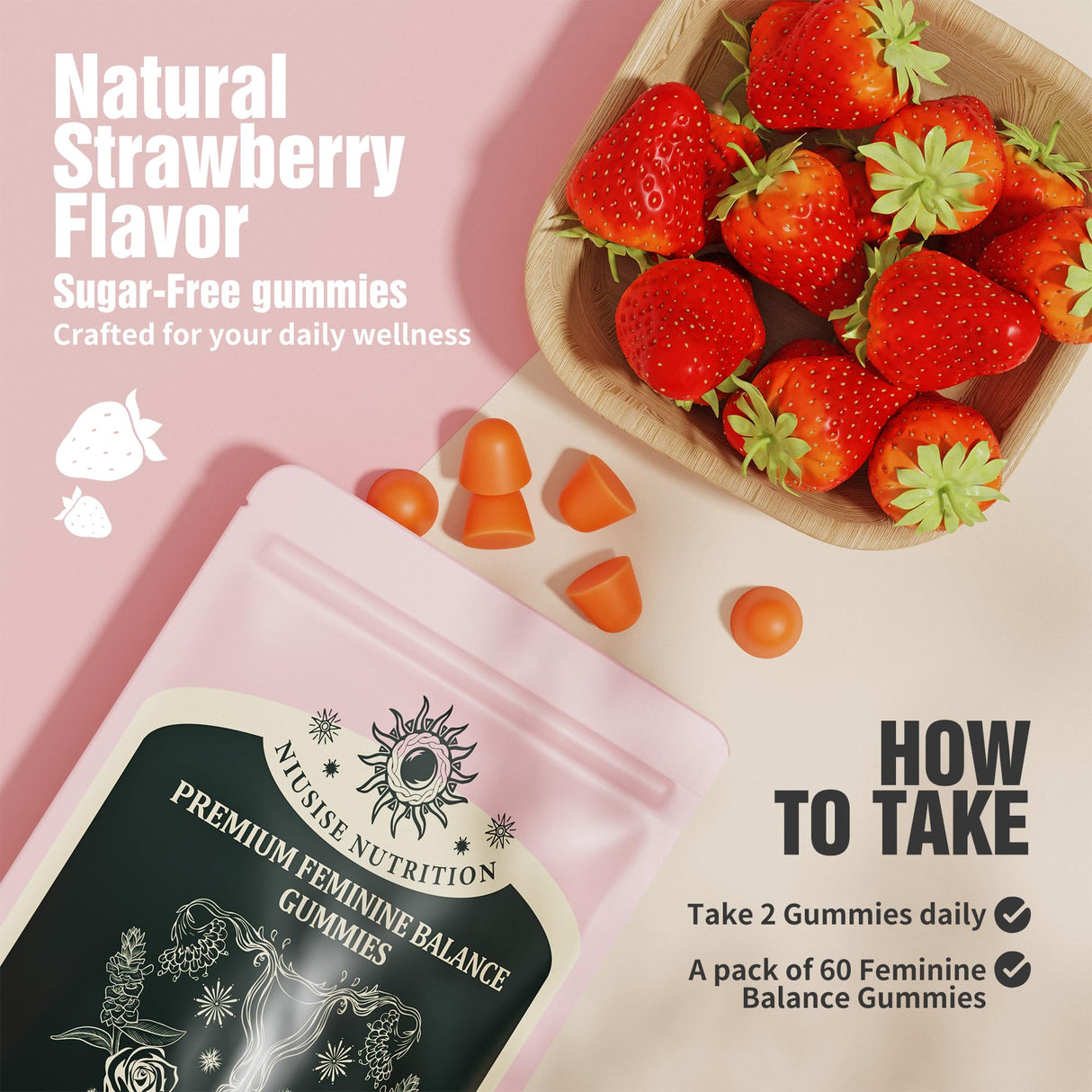 NIUSISE Feminine Balance Gummies, Premium Balance Supplement for Women PH Health, Immune Support, Energy Support, Vegan, Gluten-Free, Strawberry Flavor, 120 Gummies, 60 Servings 2 Pack