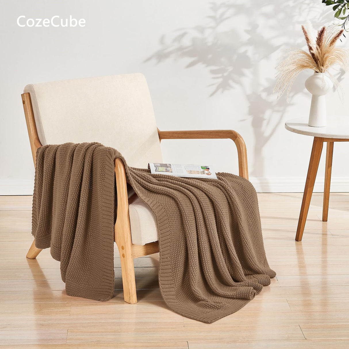 CozeCube Caramel Brown Throw Blanket for Couch, Soft Cozy Cable Knit Throw for Bed Sofa Living Room, Lightweight Warm Decorative Farmhouse Christmas Blanket, 50"x60", Light Brown