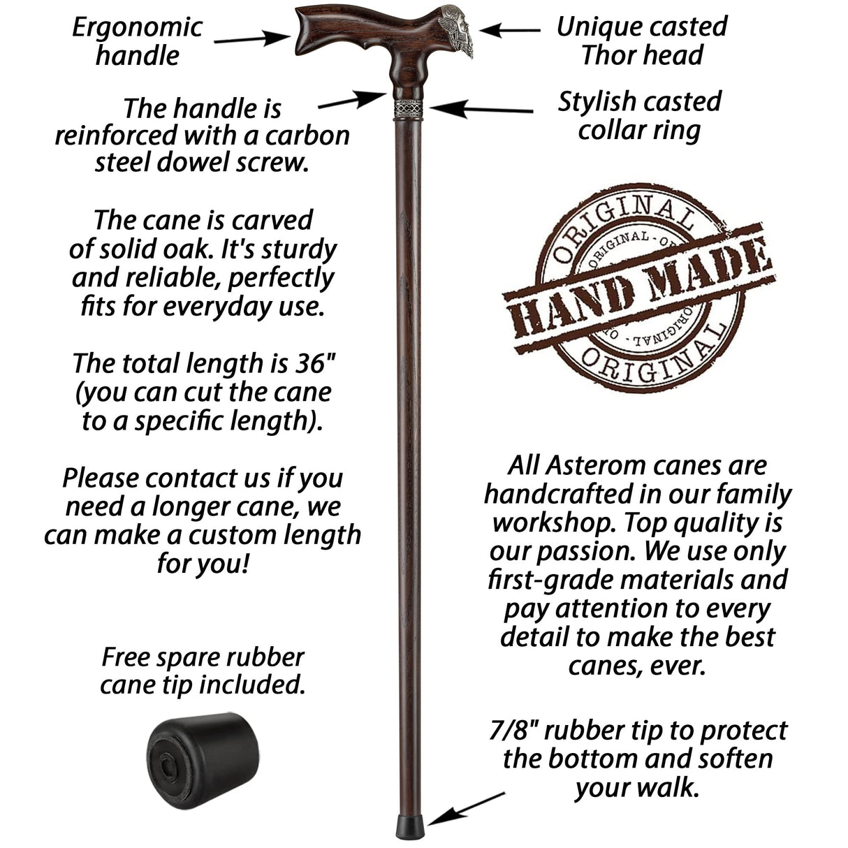 Asterom Cane - Handmade Viking Walking Cane - Canes for Men - Wooden, Unique, Cool, Walking Sticks for Men & Seniors (Thor in Walnut)