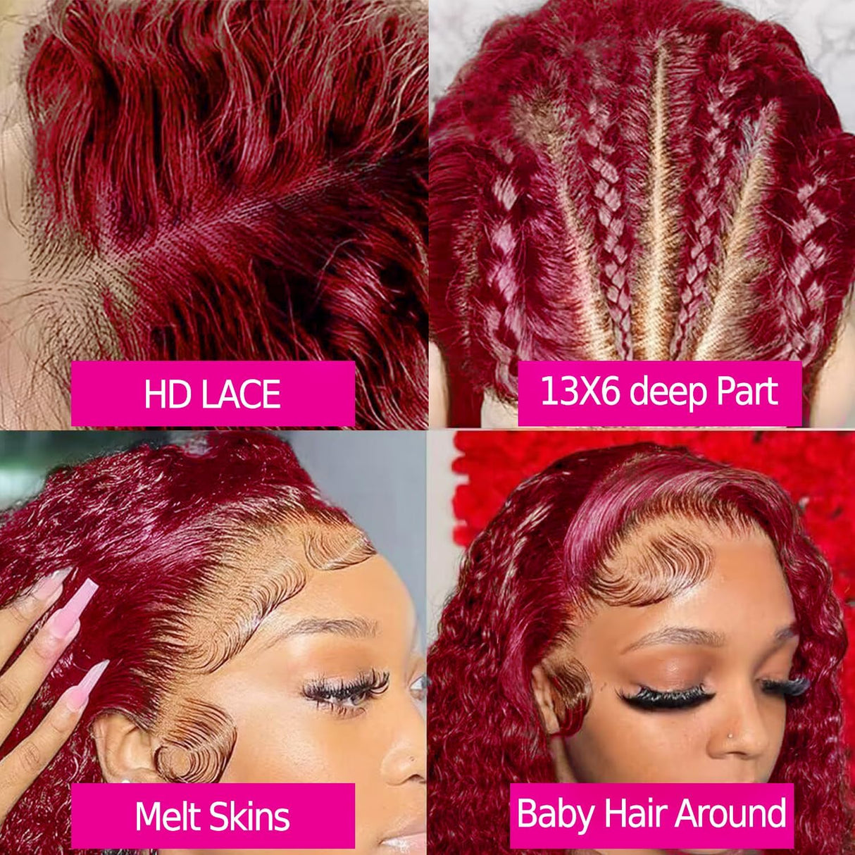 250% Density 99J Burgundy 13x6 Deep Wave HD Lace Front Wigs Human Hair for Women Glueless Burgundy Deep Curly Lace Frontal Wigs Brazilian Virgin Human Hair Wigs Pre Plucked with Baby Hair(#99j,28Inch)