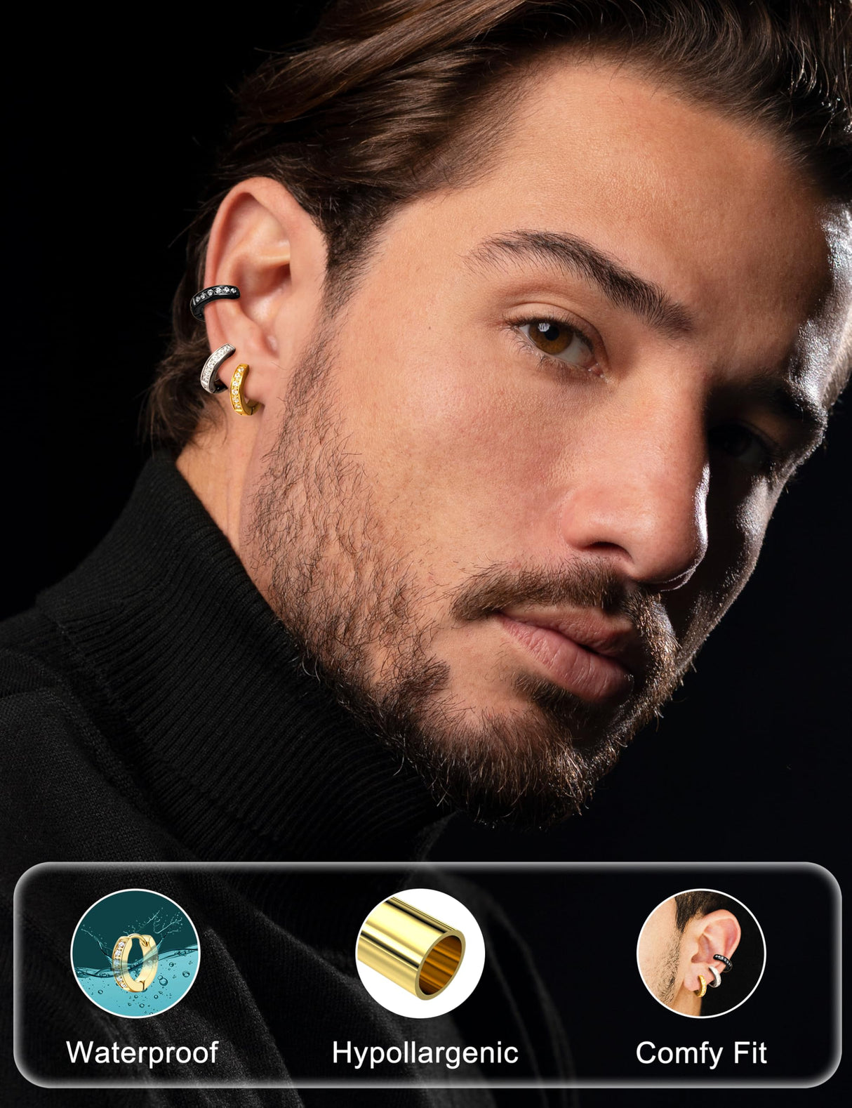 316L Stainless Steel Hoop Earrings for Men Women Hypoallergenic Cubic Zirconia Silver/Black/Gold Hoop Huggie Cartilage Earrings for Women Men Hoops 13mm Outer diameter